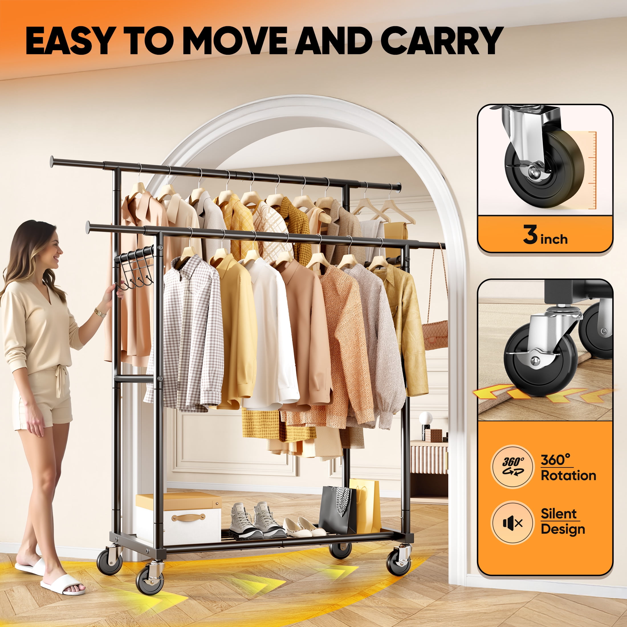 HOKEEPER Heavy Duty Double Rail Garment Rack with Shelves, Adjustable Rolling Clothes Organizer (Black, 450 lb Capacity) 00sgg