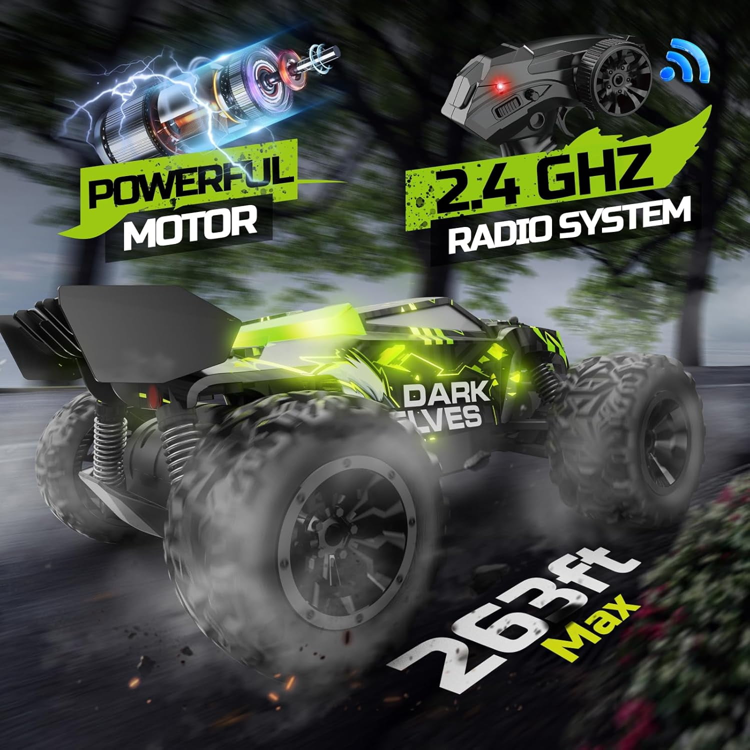 DEERC Remote Control Car, All-Terrain Off-Road Monster Truck with LED Lights and 2 Rechargeable Batteries (Green, 1 Pack) nyho8