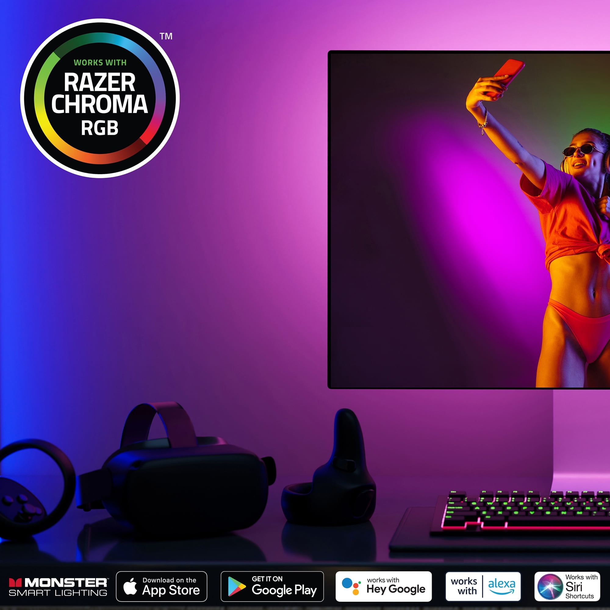 Monster Smart LED Light Strip, Multi-Color Flow, Sound Reactive, Razer Chroma Compatible (100 ft) bfry7