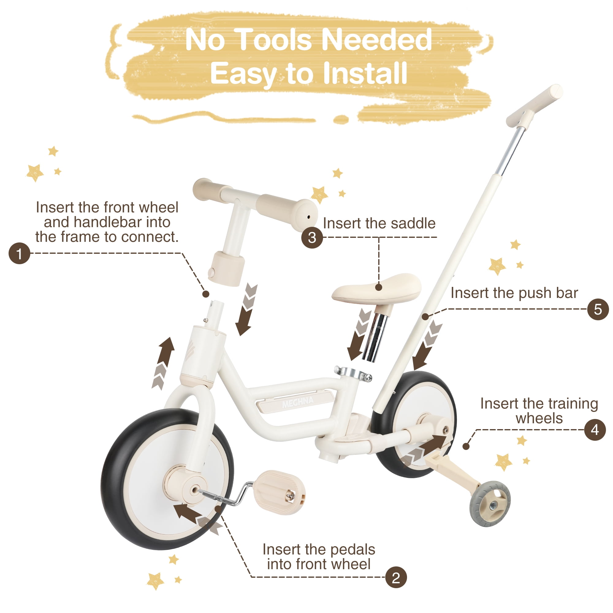 MEGHNA 4-in-1 Toddler Balance Bike with Pushbar and Detachable Training Wheels (White) 9g9z8