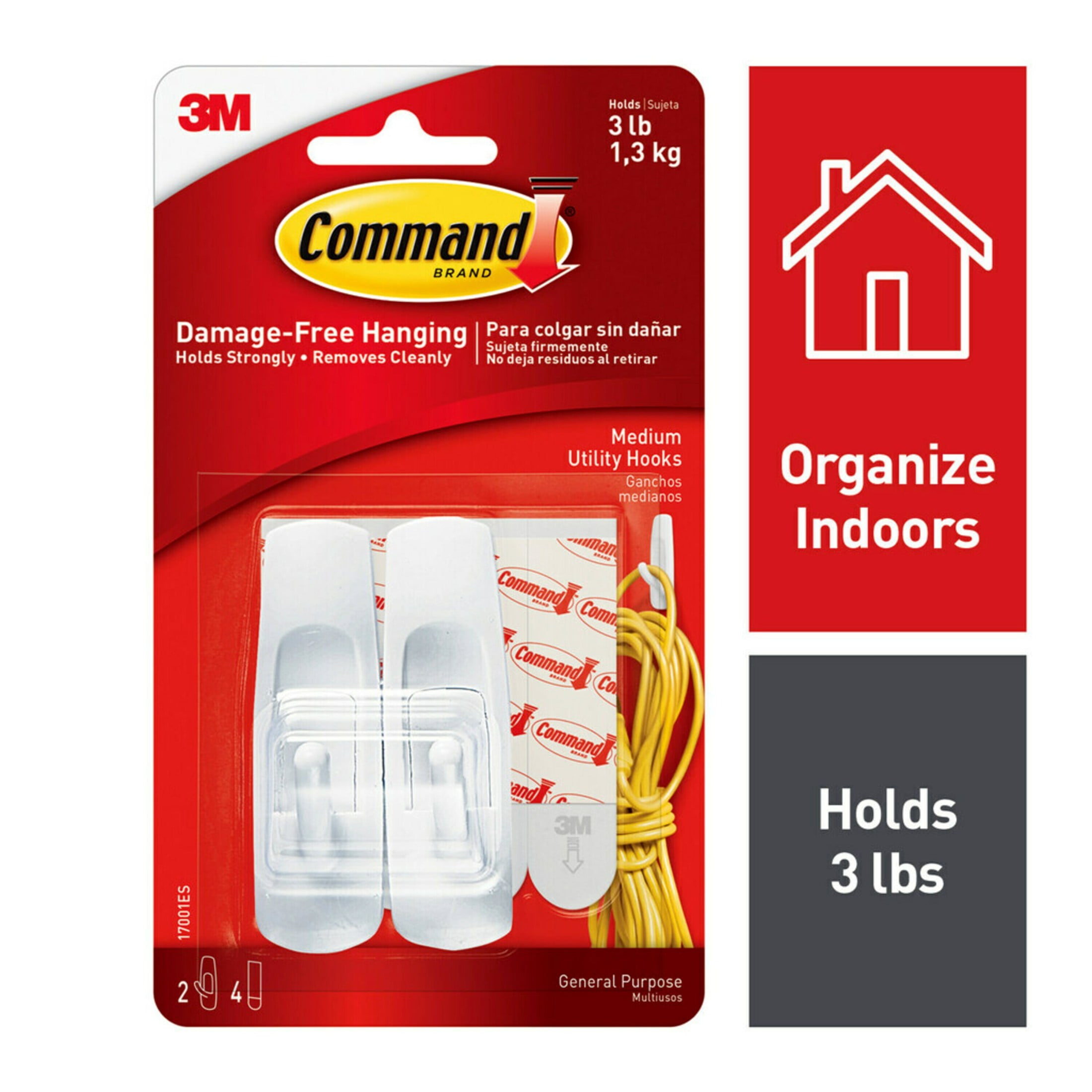 Command Medium Utility Hooks, Damage-Free Adhesive Wall Hooks for Organization (White, 2 Hooks and 4 Strips) 8cv5j