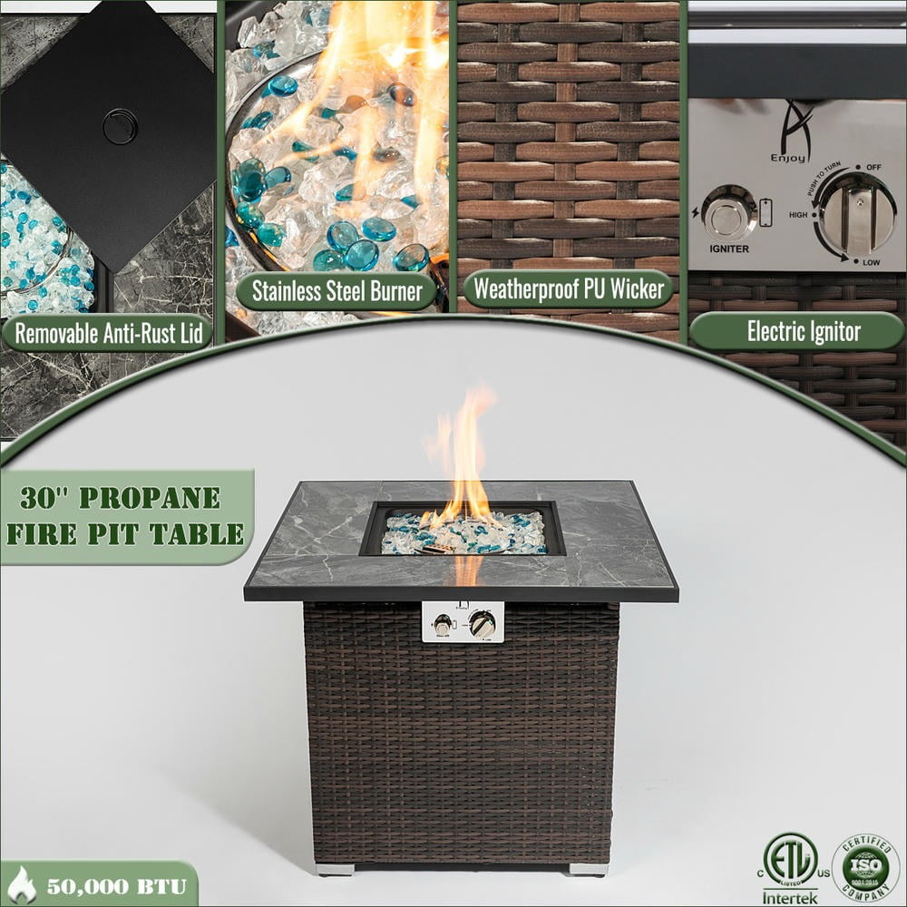 Barara King 30 in Propane Fire Pit Table with Wicker Base and 50000 BTU Heat Output (Brown, 30 in) aif4h