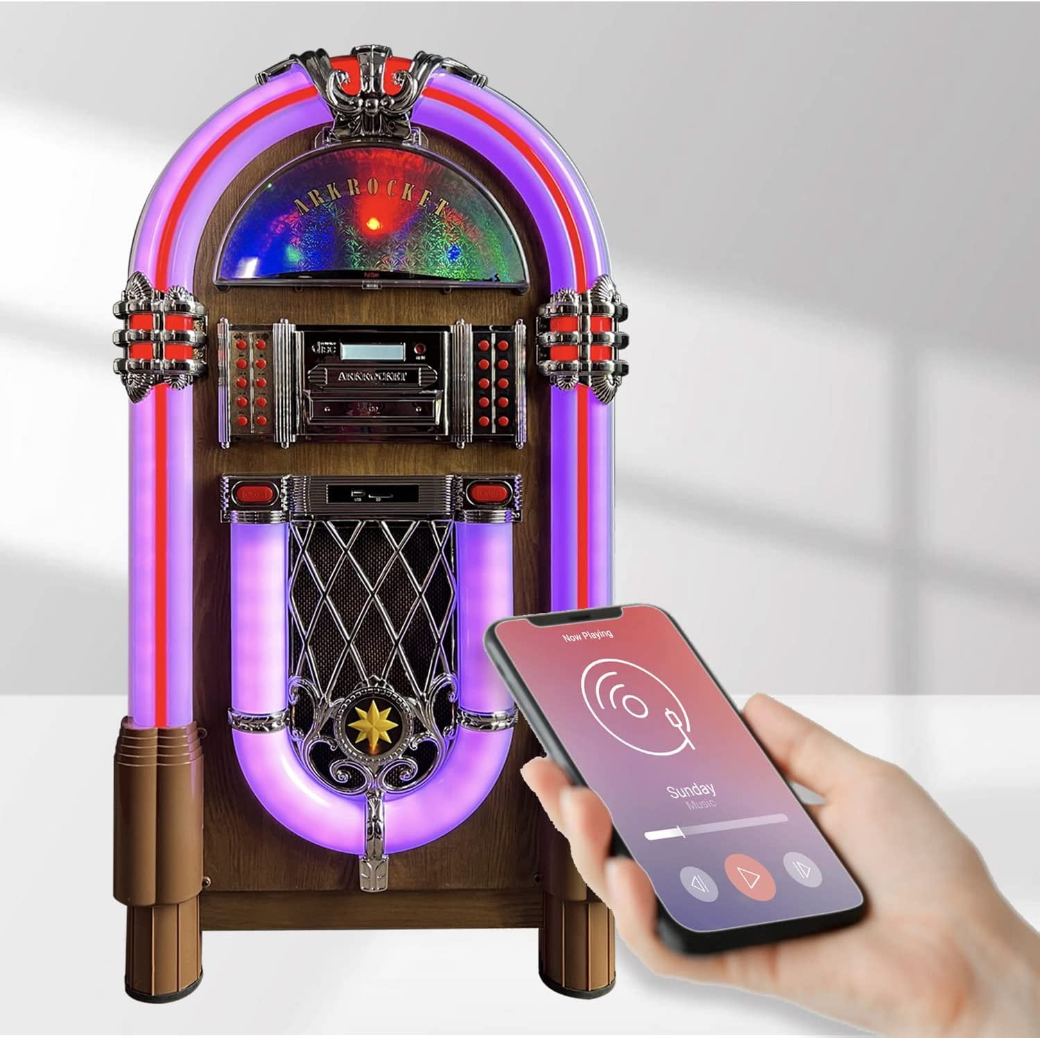 Arkrocket Taurus II Retro Jukebox with Bluetooth, Vinyl, CD, USB, and SD Player (Dark Oak) wg69s