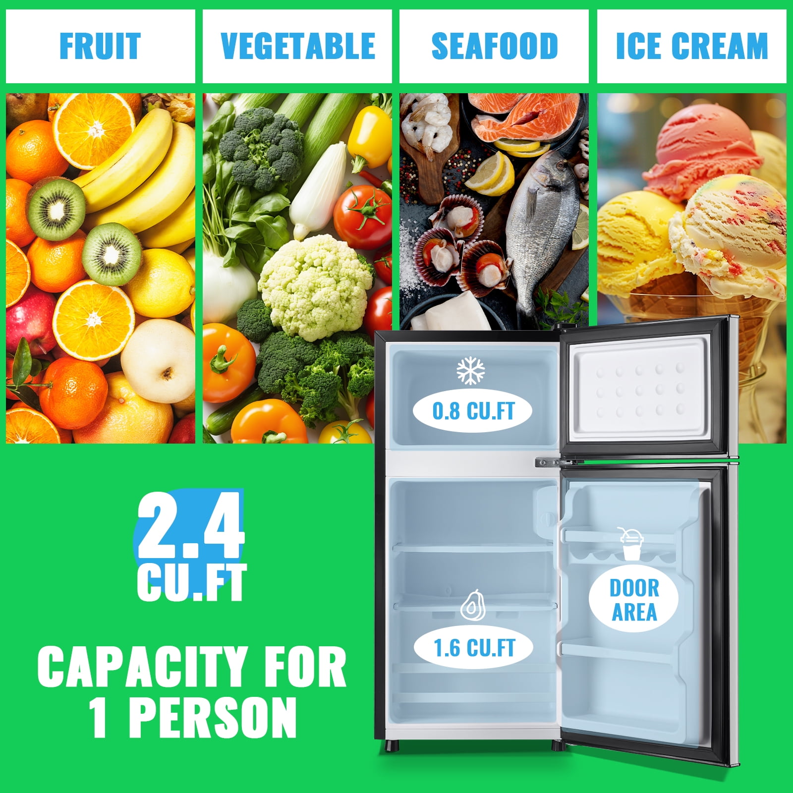 DEMULLER 2.4 Cu.ft Mini Refrigerator with Freezer, Dual Door Compact Fridge for Dorm Office (Silver, 2.4 Cu.ft) pnqxf