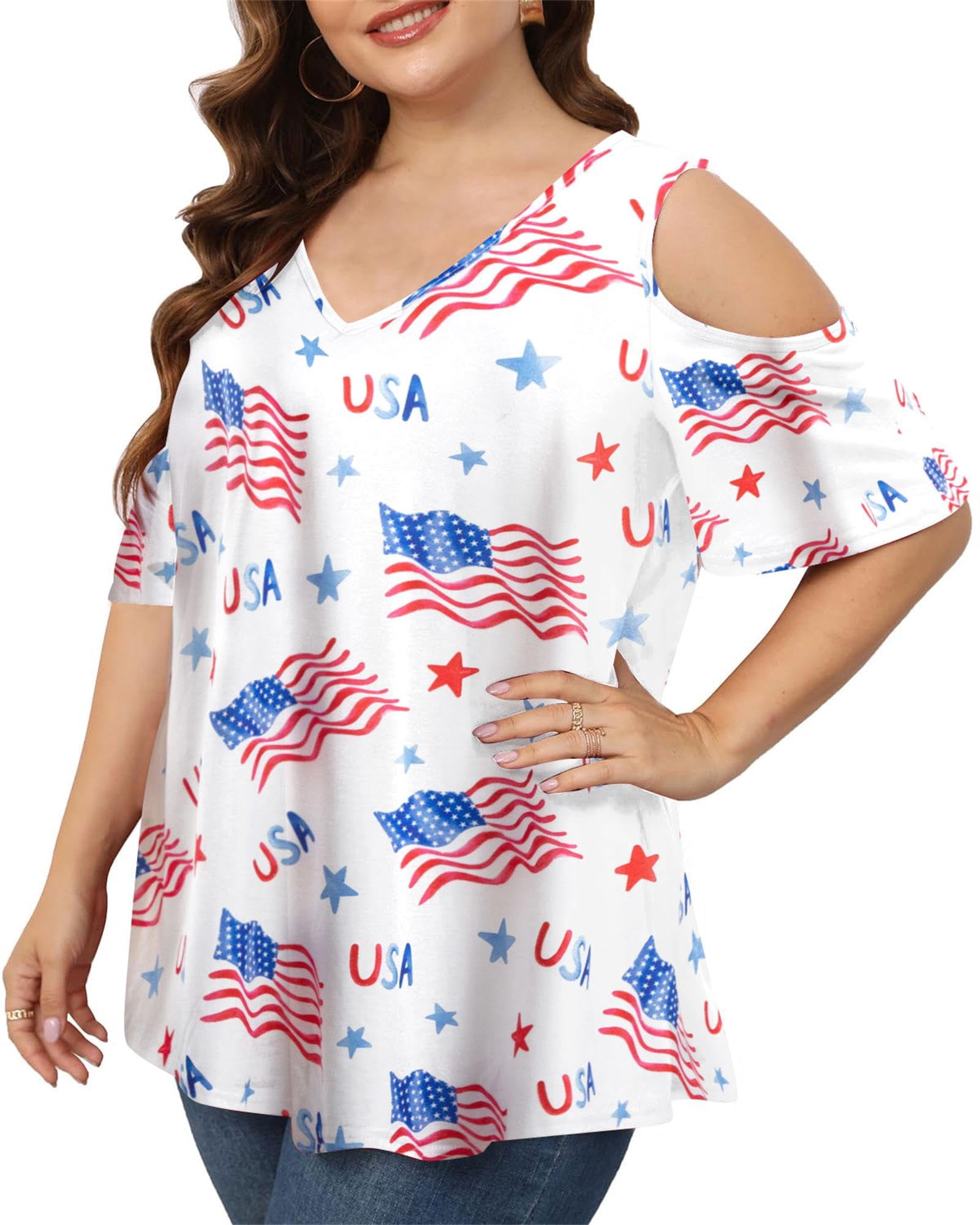 DEXIO Women Plus Size American Flag V-Neck T-Shirt Patriotic Cold Shoulder Graphic Top (White, 2X) j0x5i