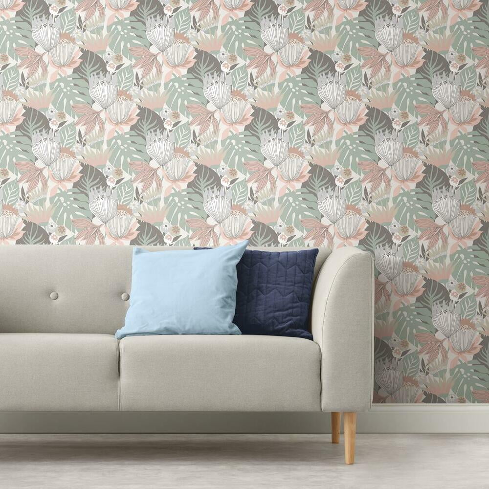 RoomMates Retro Tropical Leaves Peel and Stick Wallpaper (Pink, 20.5 in x 16.5 ft) jncuq