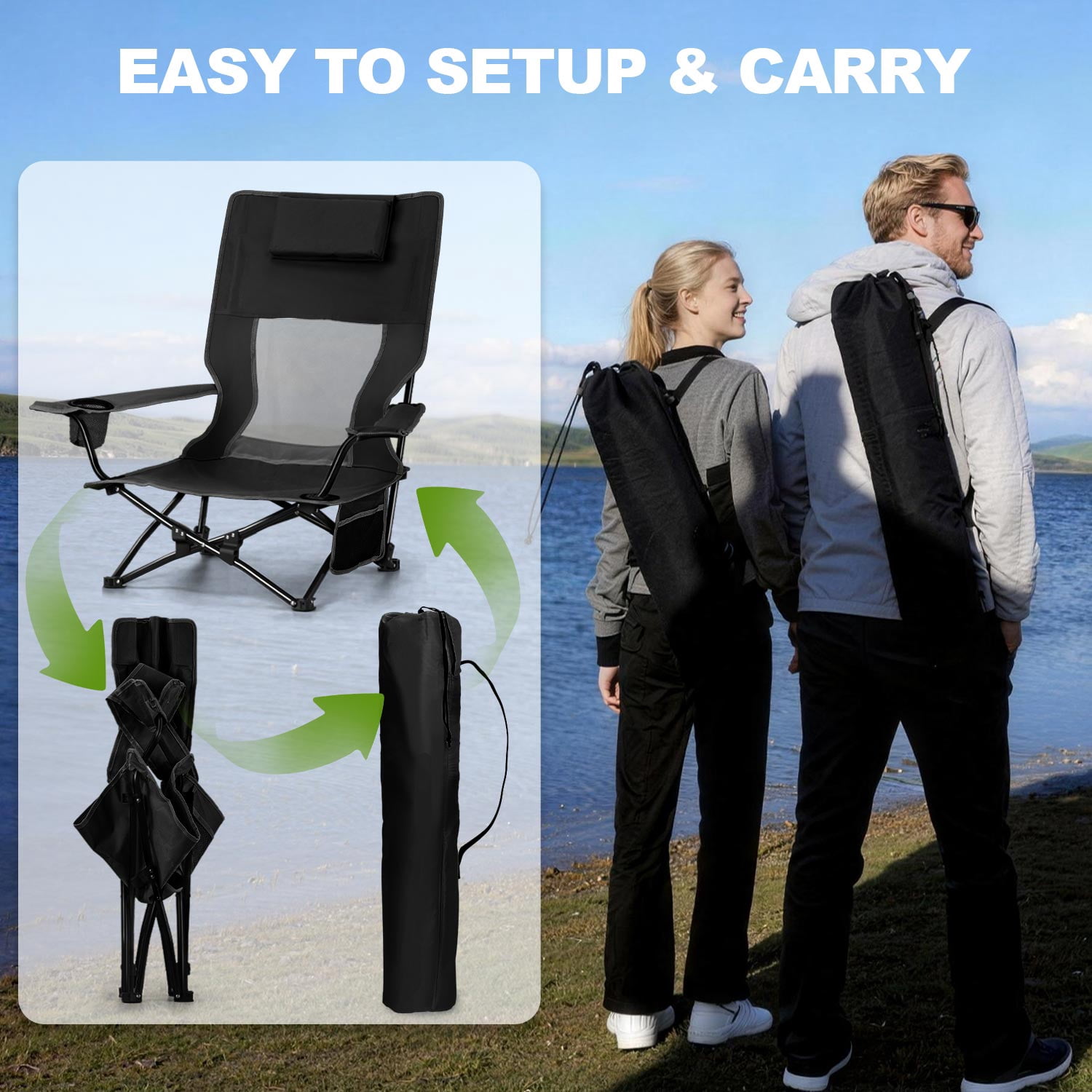 Walchoice Low Beach Chair, Heavy Duty Folding Camping Chair with High Back, Detachable Pillow, and Cup Holder (Black, 30.7 in Wide Seat) appdq