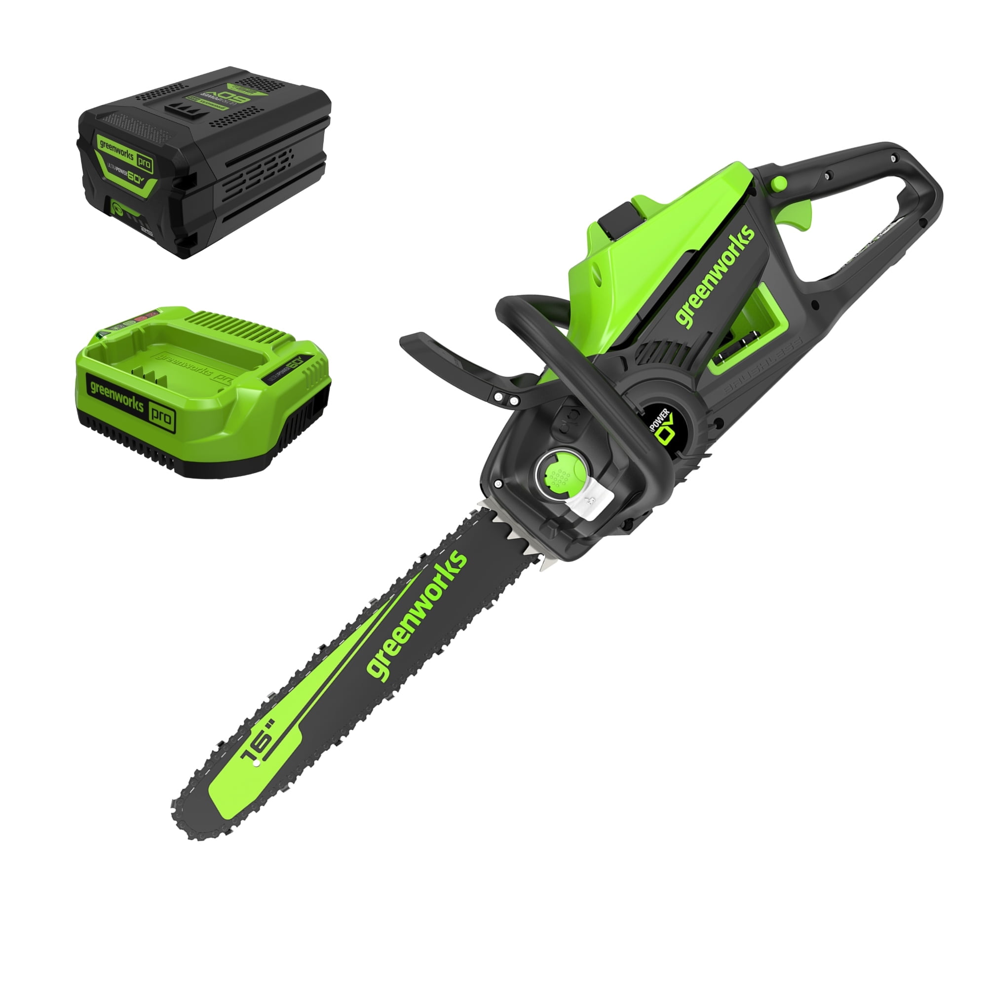 Greenworks Pro 60V 16 in. Brushless Cordless Chainsaw Kit with 2.5 Ah Battery and Charger (Green, 16 in) 4dqo4