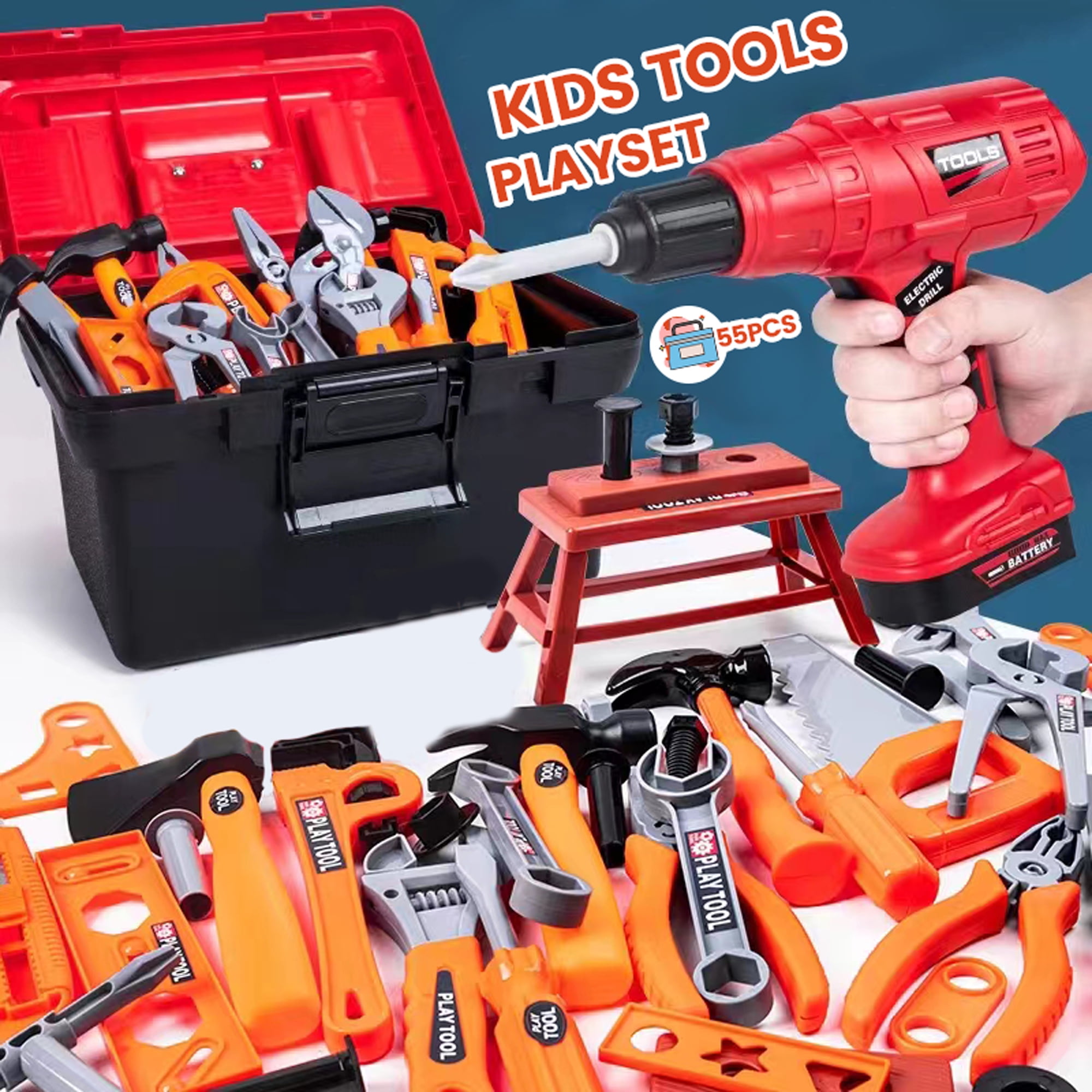 ALLJOY 55pcs Kids Construction Tool Set with Electronic Toy Drill and Storage Case (Red, 55 Piece Set) o651s