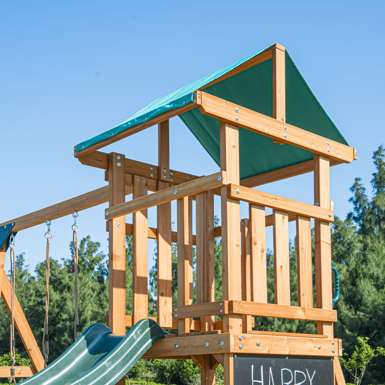 DOLPHIN PLAYGROUND Wooden Outdoor Playset with Dual Swings, Slide, and Playhouse (Natural Wood, 7-Child Capacity) 51qa3