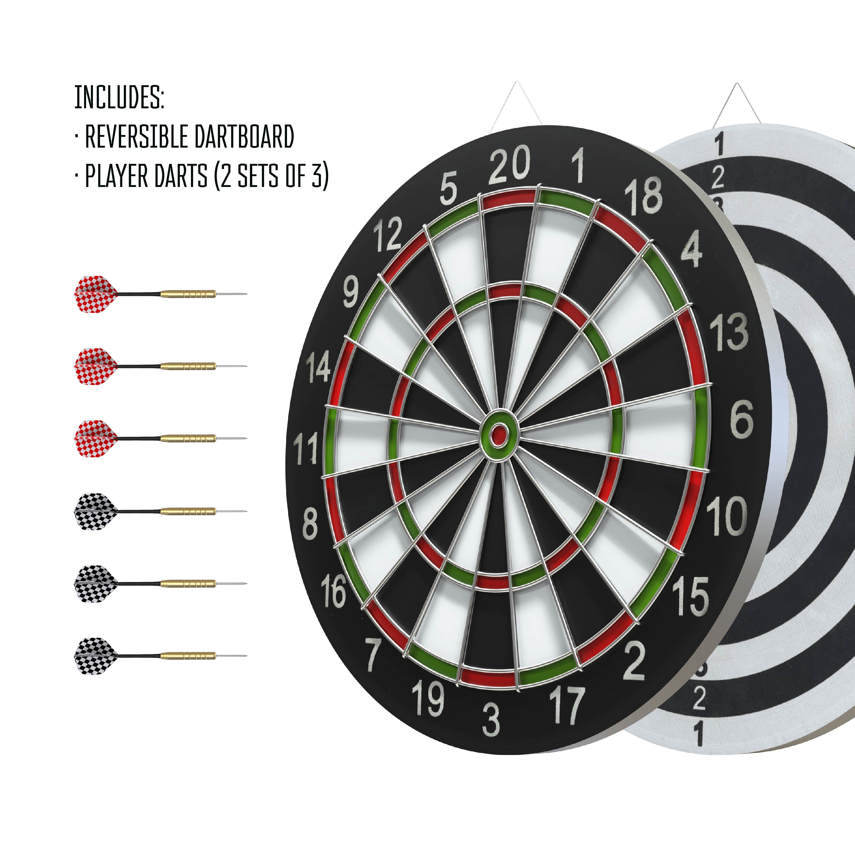 RealPlay Reversible Hanging Dartboard Set with 6 Stainless Steel Tip Darts (Black, 17 in) 27qzv