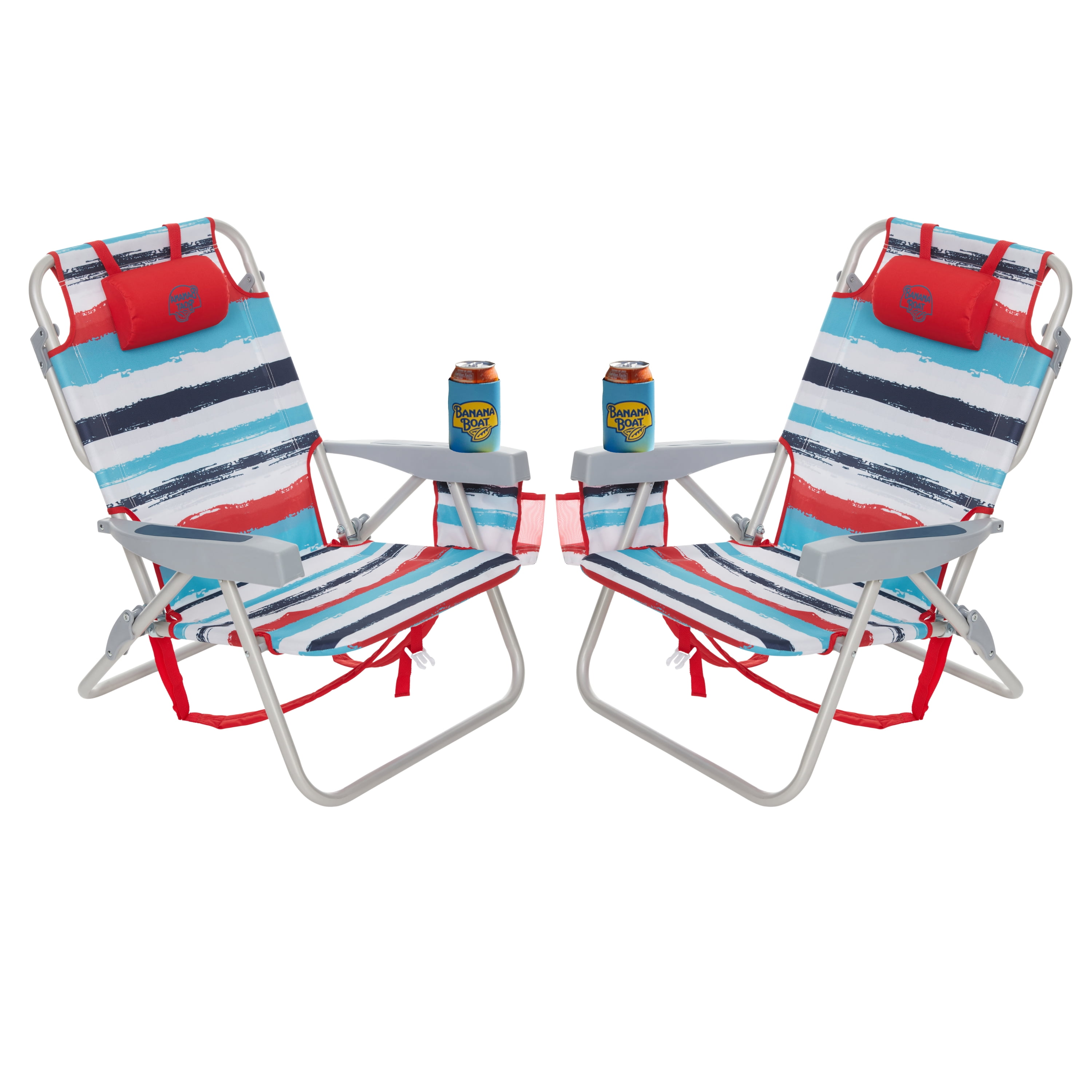 Banana Boat Backpack Beach Chair, Lightweight Aluminum Folding Chair with 5-Position Recline, Headrest, and Insulated Pocket (Red, 2 Pack) auy7n