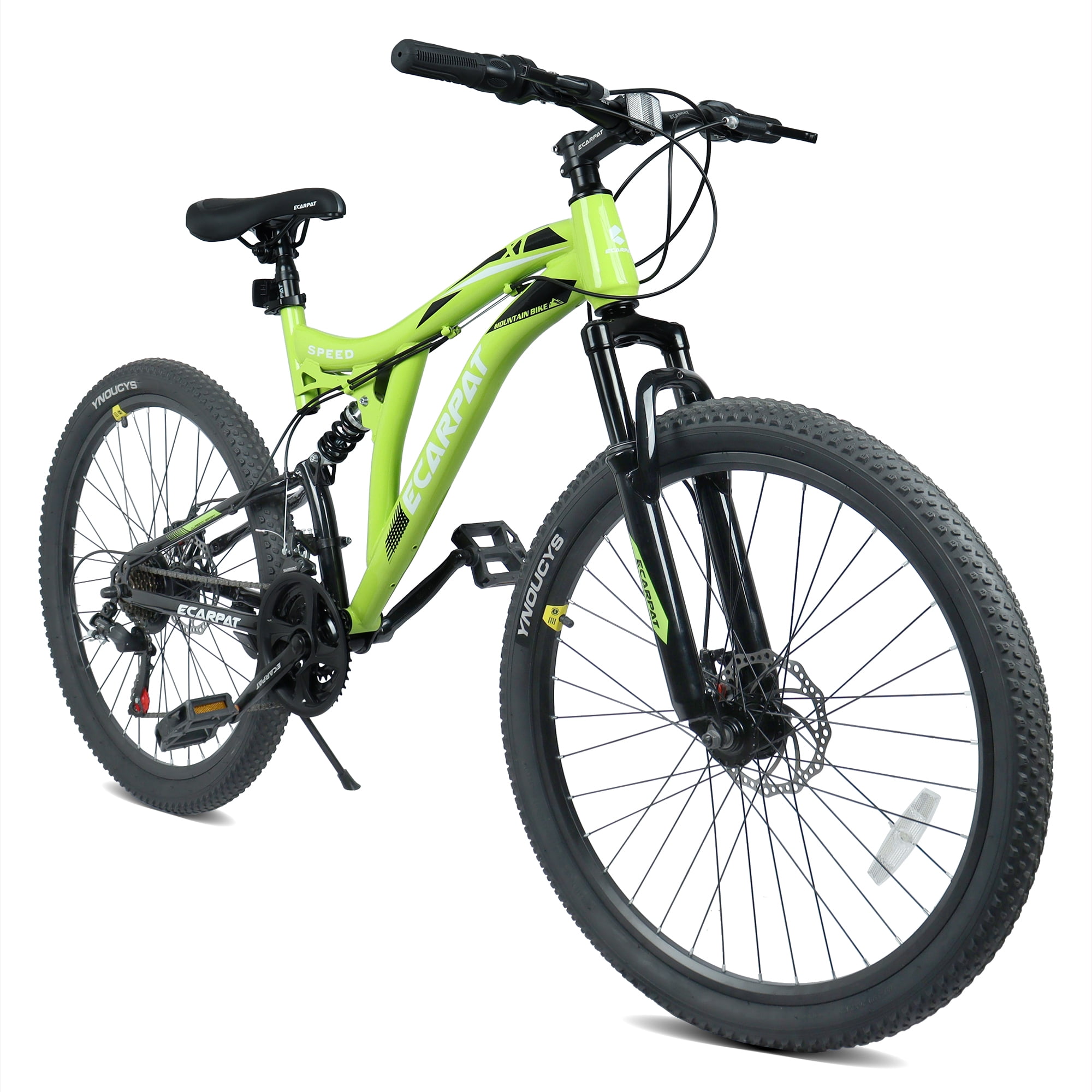Ecarpat 26 Inch Mountain Bike, Full Suspension Steel Frame, 21-Speed Drivetrain, Dual Disc Brakes (Green, 26 in) n86xu