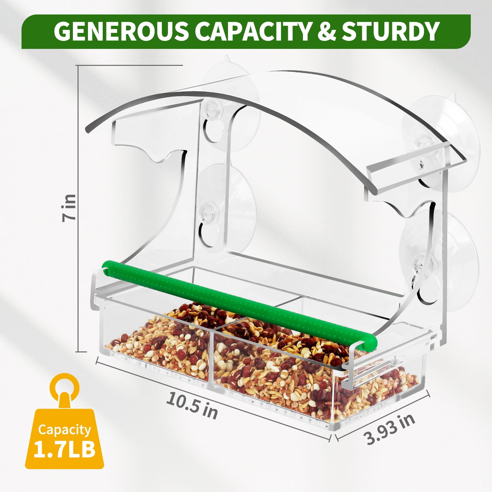 PHANCIR Window Bird Feeder for Outdoors, Clear Acrylic Bird House with Strong Suction Cups and Removable Seed Tray (10.5 in x 3.93 in x 7 in) 8w4ps