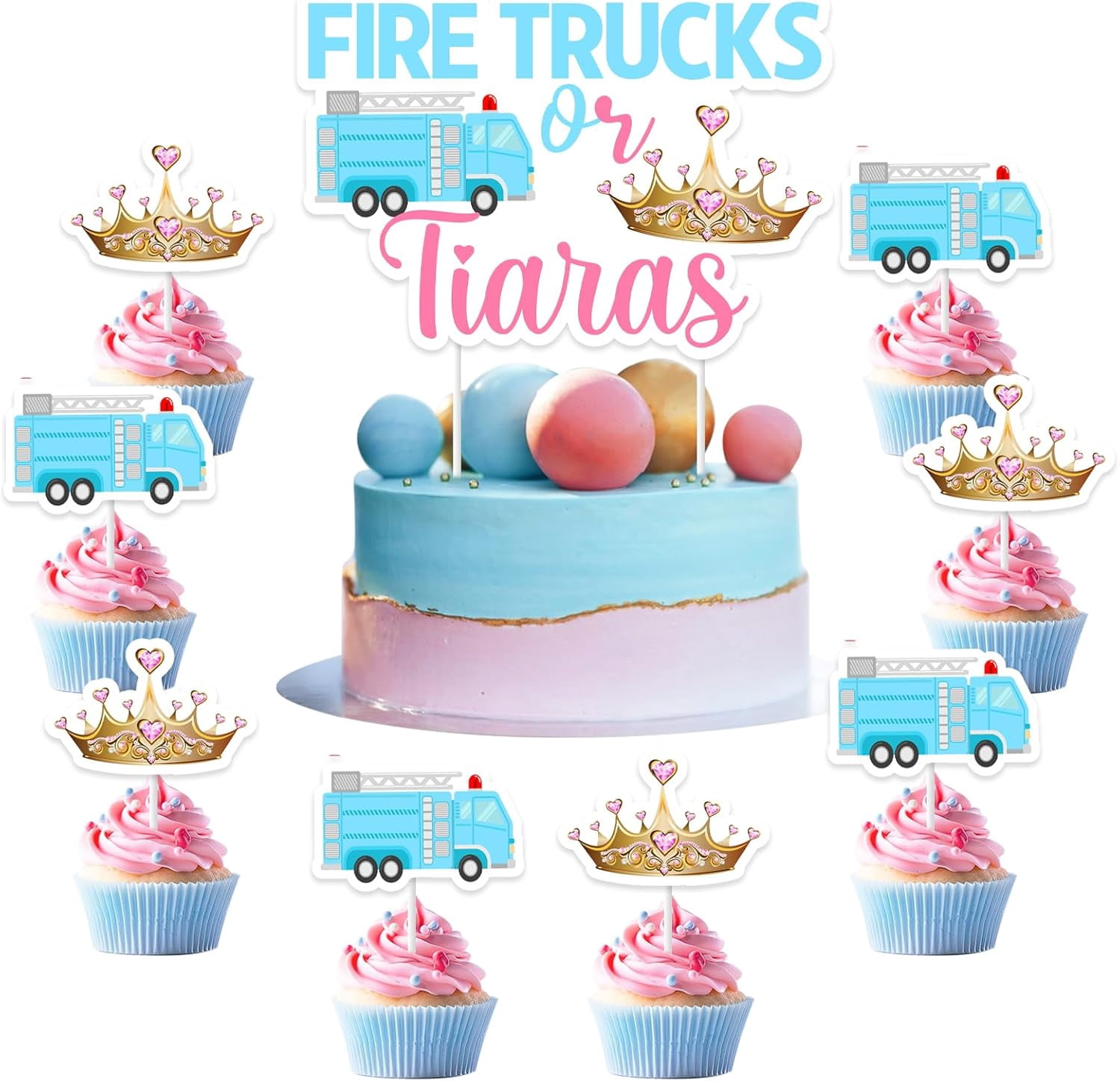 Wonmelody Fire Trucks or Tiaras Gender Reveal Cake Toppers Set (25 Pieces) 783ax