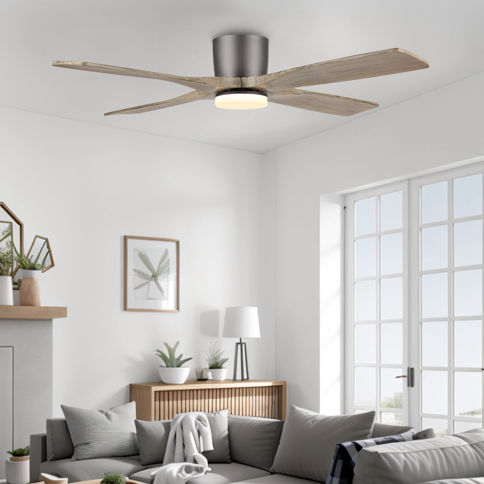 LEDET 54 in. Indoor Ceiling Fan with Light Kit, 4 Solid Wood Blades, Remote Control (54 in) bzy2h