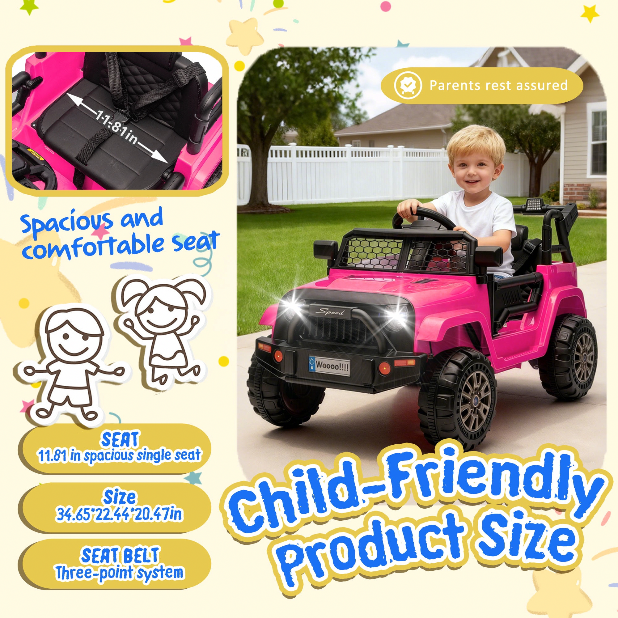 Xuanlur 12V Electric Ride-On Truck for Kids with Remote Control, LED Lights, and Bluetooth (Pink, 34.65 in x 22.44 in x 20.47 in) wqfxx