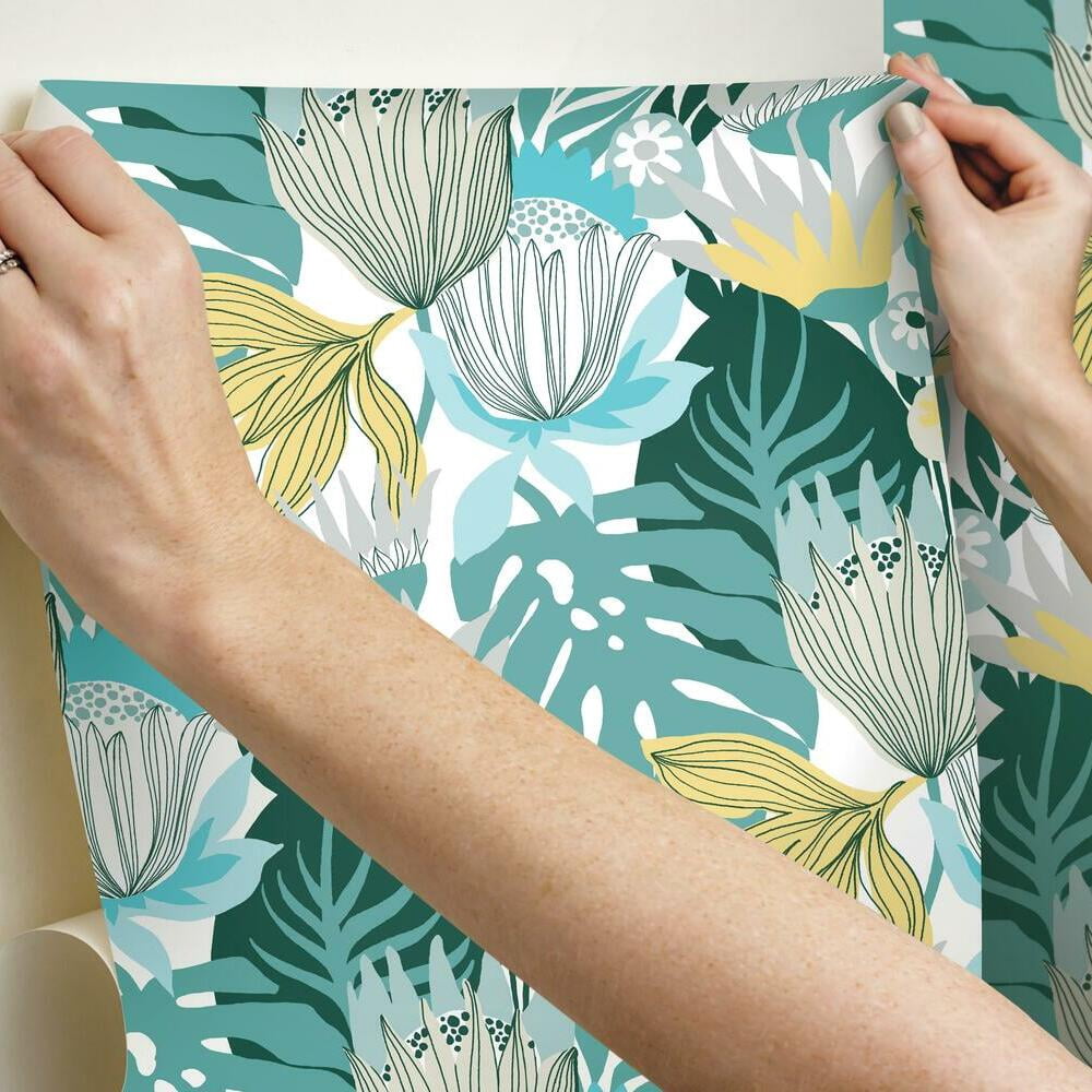 RoomMates Retro Tropical Leaves Peel and Stick Wallpaper (Pink, 20.5 in x 16.5 ft) jncuq