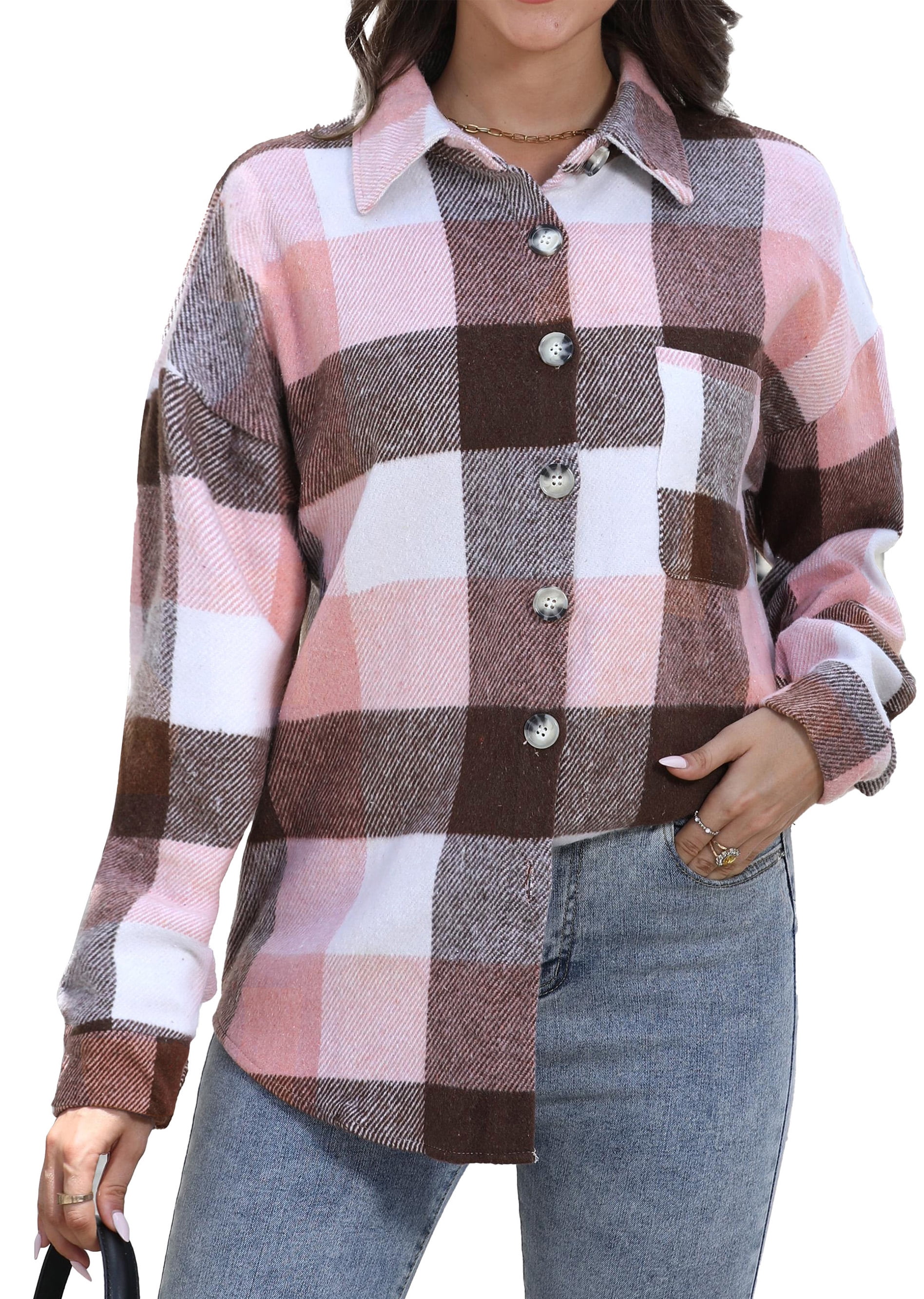 Fantaslook Womens Plaid Flannel Shacket Jacket Long Sleeve Button Down Boyfriend Shirt (Pink, M) 9tcuz