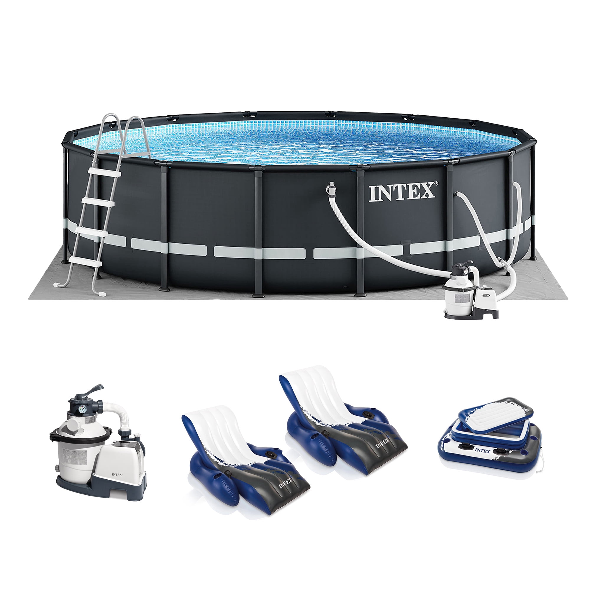 Intex Ultra XTR Above Ground Swimming Pool Set with Floating Loungers and Inflatable Cooler (16 ft x 48 in) ib2h3