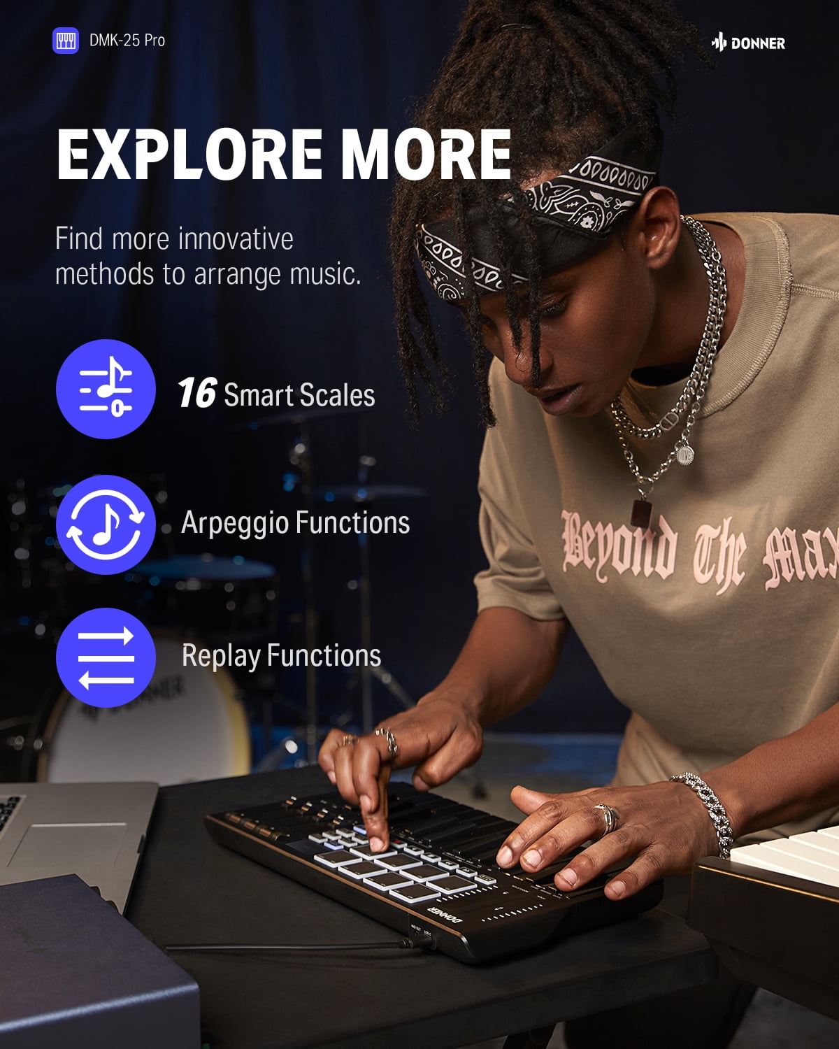 Donner DMK 25 Pro MIDI Keyboard Controller, 25-Key Portable Music Production Keyboard with 8 Backlit Drum Pads and OLED Display (Black) ji1uk