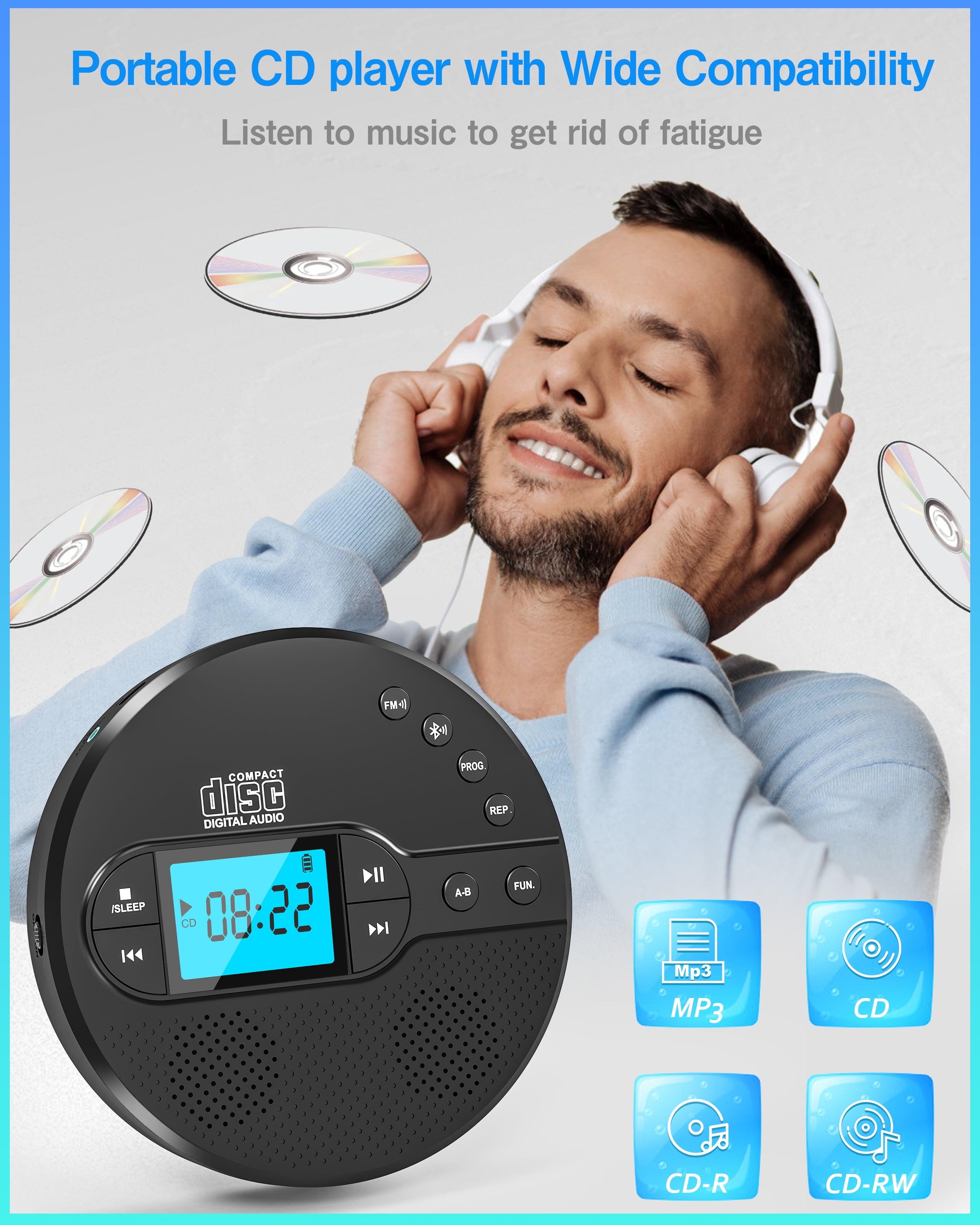 Greadio Portable CD Player with Bluetooth 5.1, Rechargeable Discman for Car and Home (Black) 05g2x - Image 2