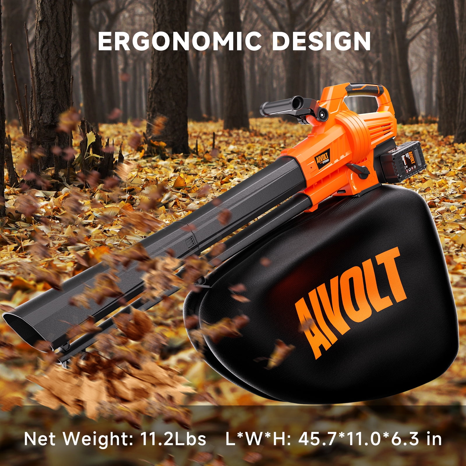 AIVOLT 3-in-1 Cordless Leaf Blower, Vacuum & Mulcher, 600 CFM 40V Brushless Motor (Includes 2 Batteries, 10.57 gal Collection Bag) bs912