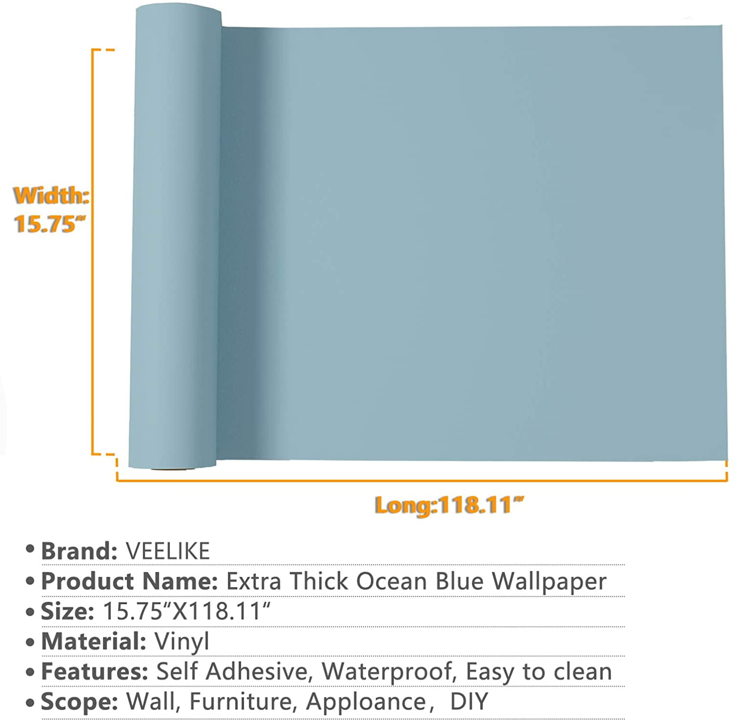 VEELIKE Peel and Stick Wallpaper, Waterproof Matte Ocean Blue Contact Paper for Furniture and Walls (15.7 in x 118 in) 72753