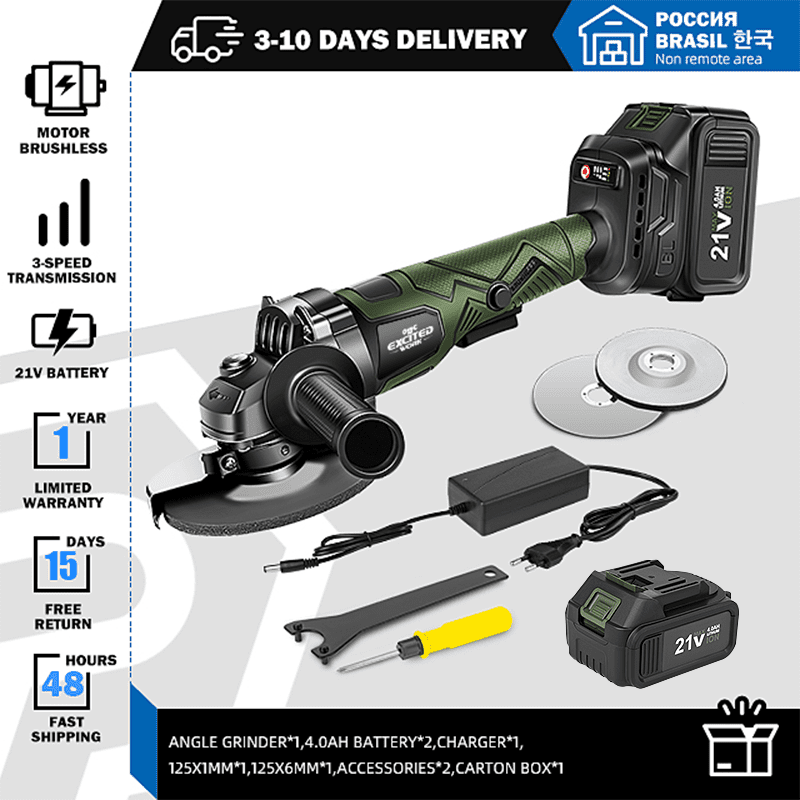 EXCITED WORK 21V Cordless Angle Grinder, Brushless Electric Metal Cutting Tool with 2 Batteries and Fast Charger (Green, 4.5 in) ikliu