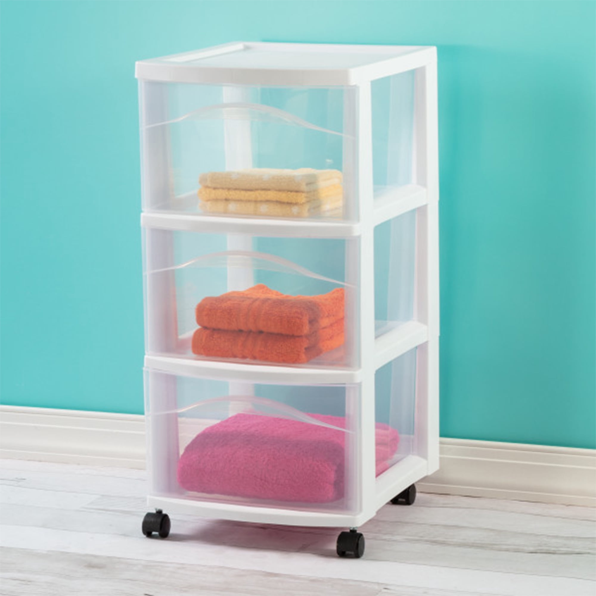 Sterilite 3 Drawer Rolling Storage Cart, Plastic Home Organizer with Smooth-Glide Casters (White, 2 Pack, 14.625 in x 12.625 in x 24.5 in) wl53a