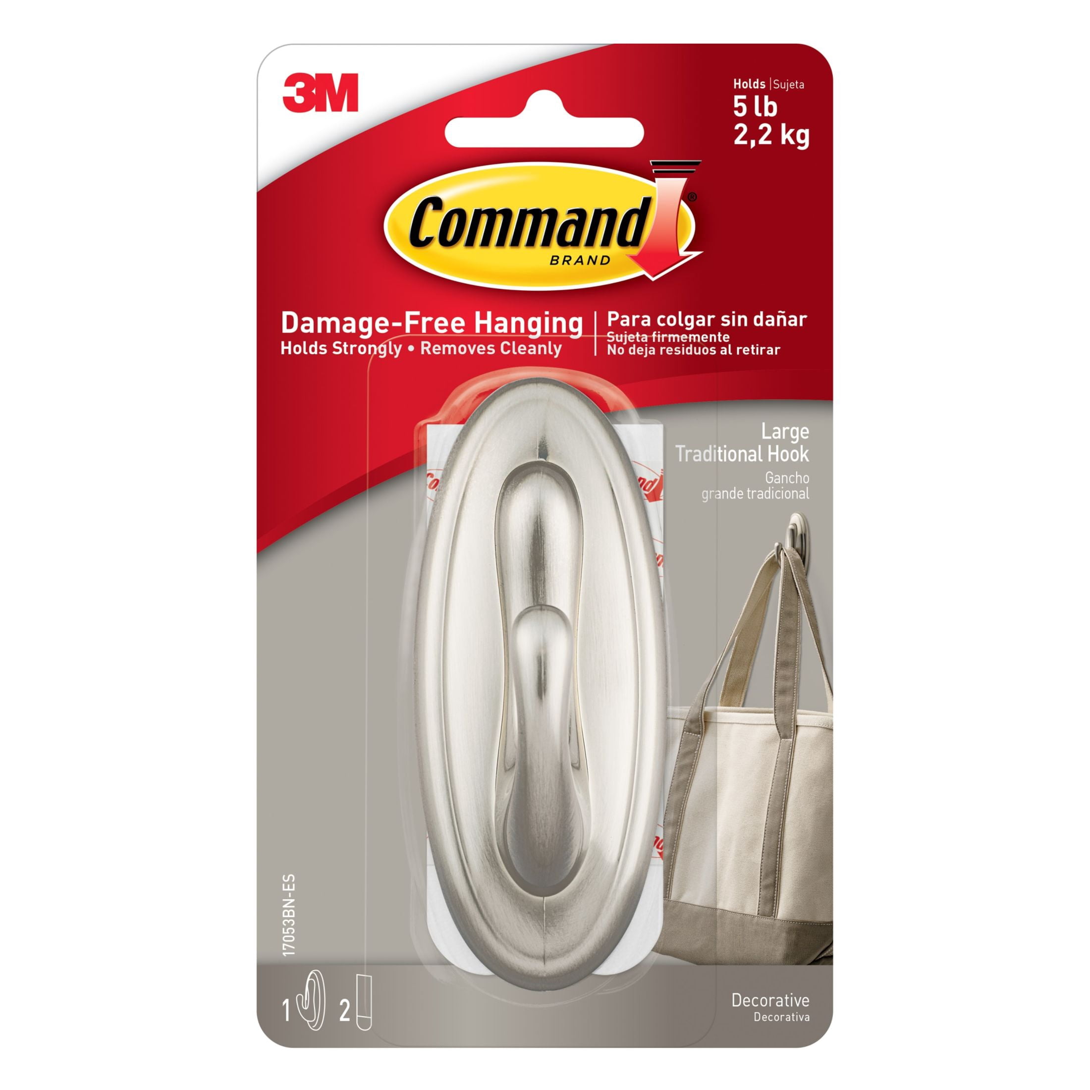 Command Traditional Decorative Hook (Brushed Nickel, Large, 1 Hook, 2 Strips) ug24z
