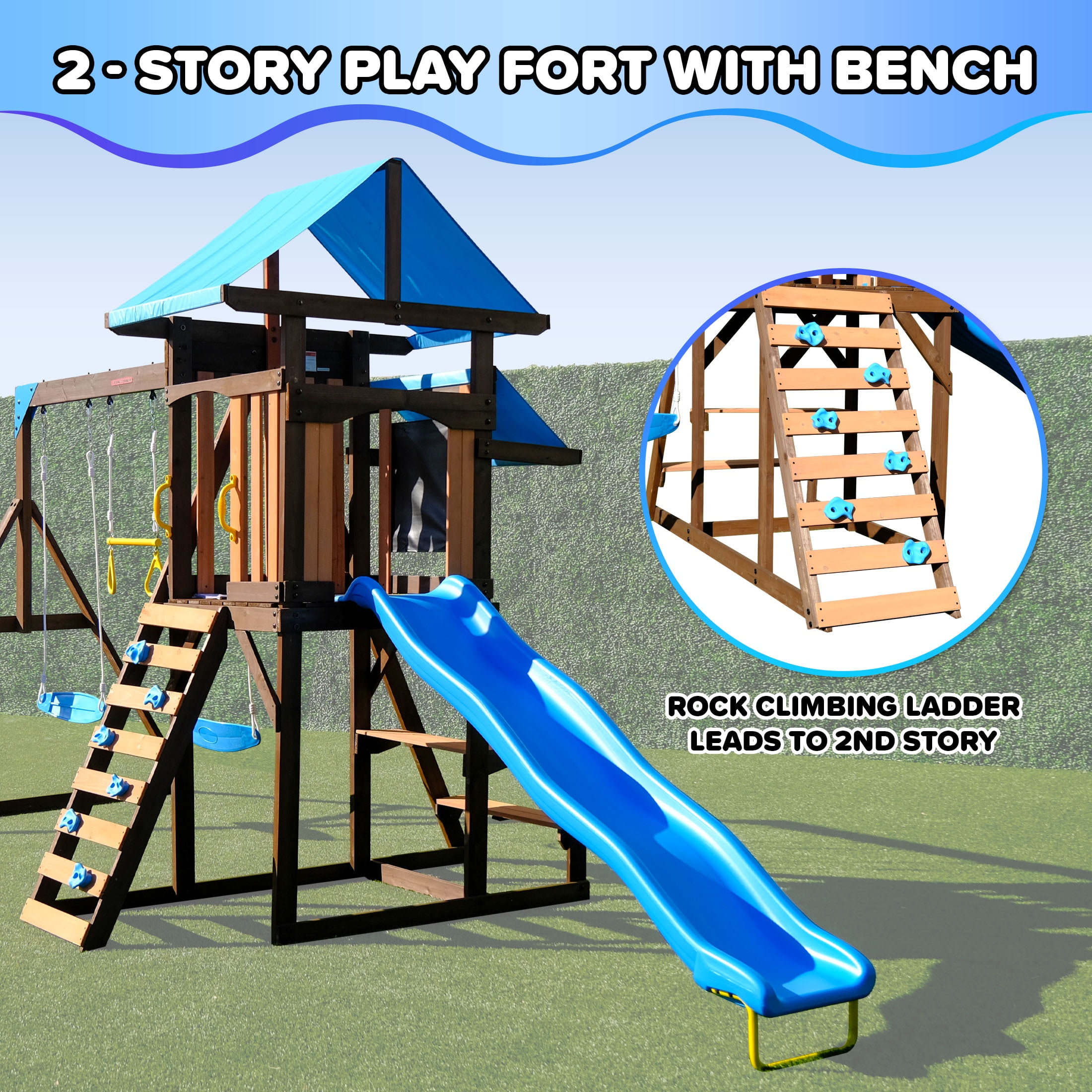 Sportspower Rosemont Wooden Swing Set with Play Fort, Rock Climber, Sandbox, and 8 ft Slide (Blue, 17.9 ft x 7 ft x 9.1 ft) uirkx
