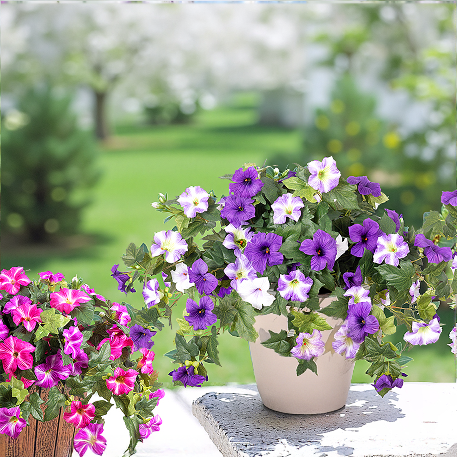 Inadays Artificial Petunia Flowers UV Resistant Faux Plants for Indoor and Outdoor Decor (Purple, 2 Pack, 24 in x 21 in) 4zlji