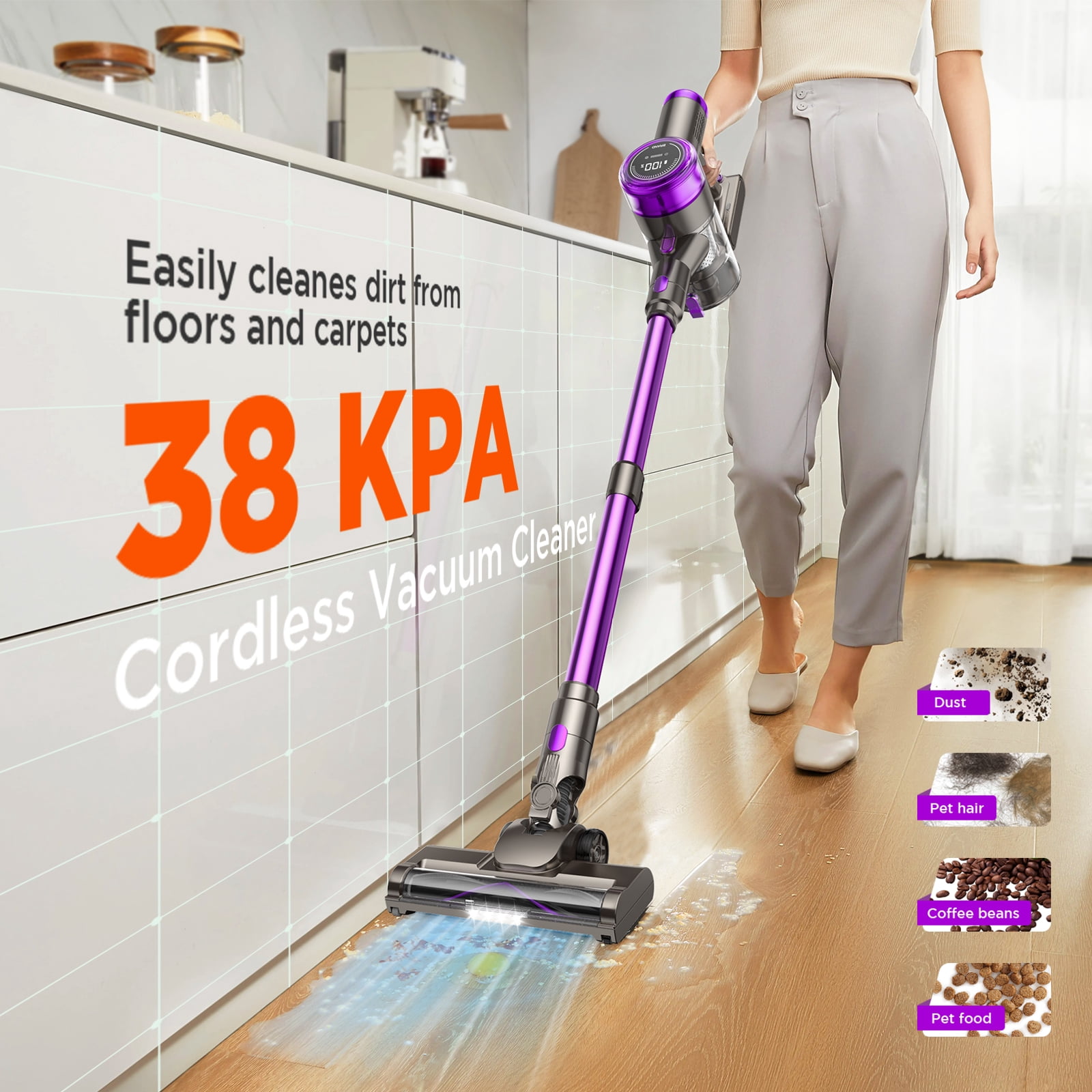 KANFUAQ Cordless Stick Vacuum Cleaner, Powerful 38KPA Suction, Lightweight for Pet Hair and Carpet (1 Liter) mq1a6