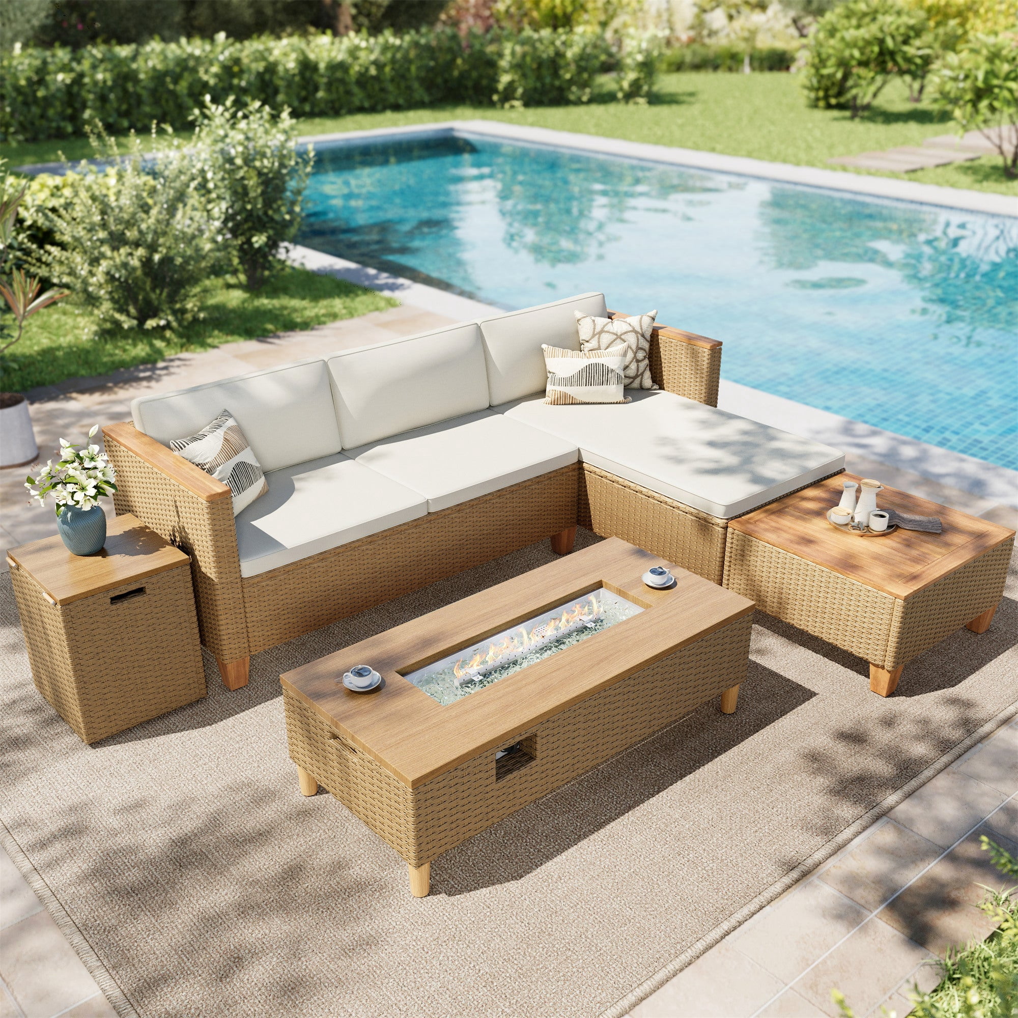 Streamlight 5-Piece Wicker Patio Furniture Set with 42 in Fire Pit Table, Outdoor Sectional Conversation Sofa (Yellow and Beige, 5-Piece) 3gxsi