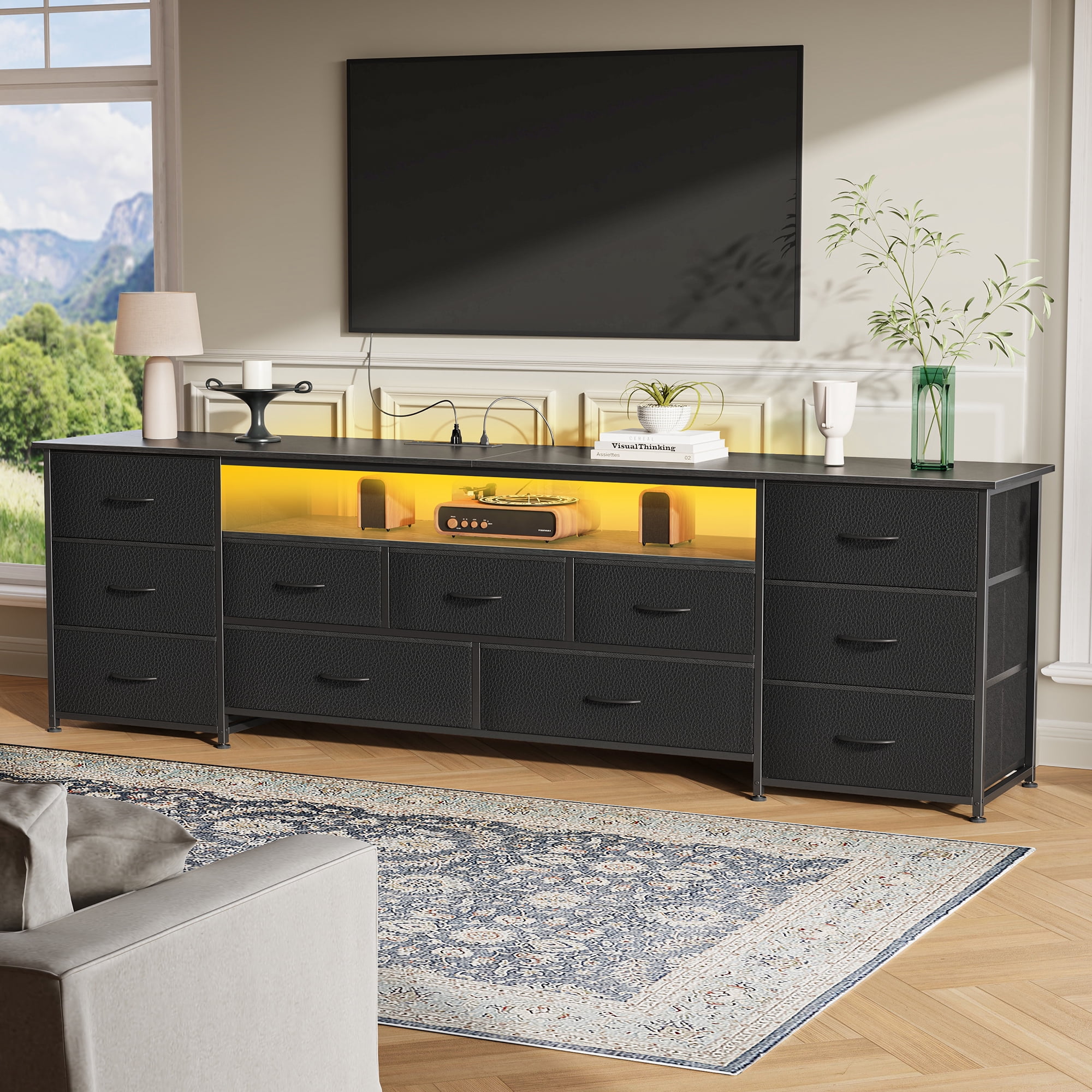Amadwell Large TV Stand for 75 to 80 Inch TVs, Entertainment Center with 11 Drawers, LED Lights, and Power Outlets (Black, 70.9 in) dlmgi