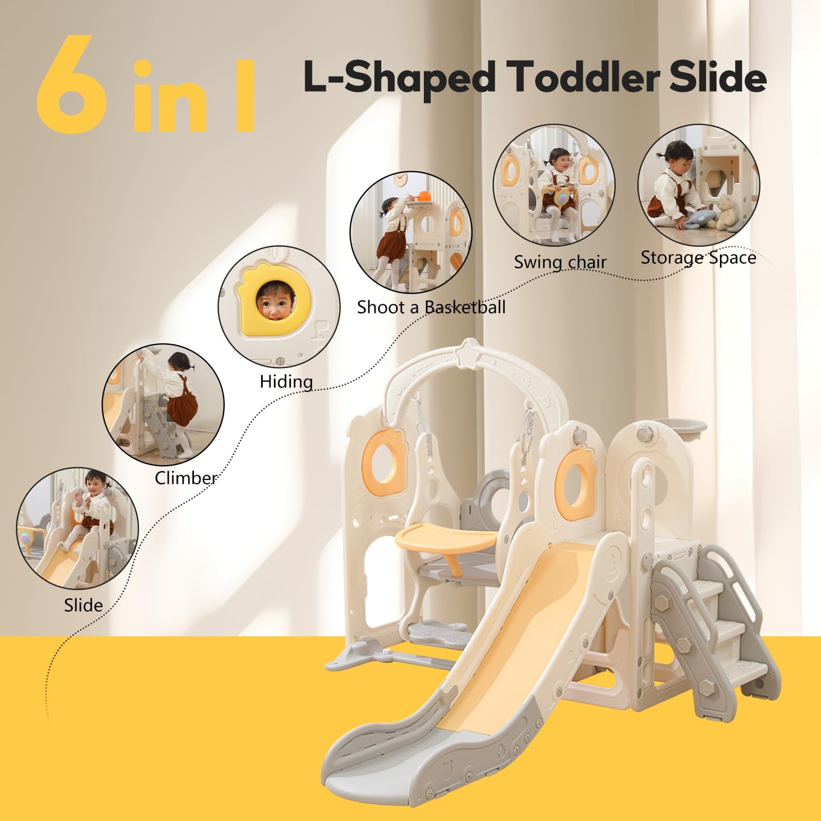 Zimeng 6-in-1 Toddler Slide and Swing Set, Indoor Outdoor Playground Climber Playset with Basketball Hoop (Beige, 34.65 in x 12.2 in x 21.26 in) ibmia