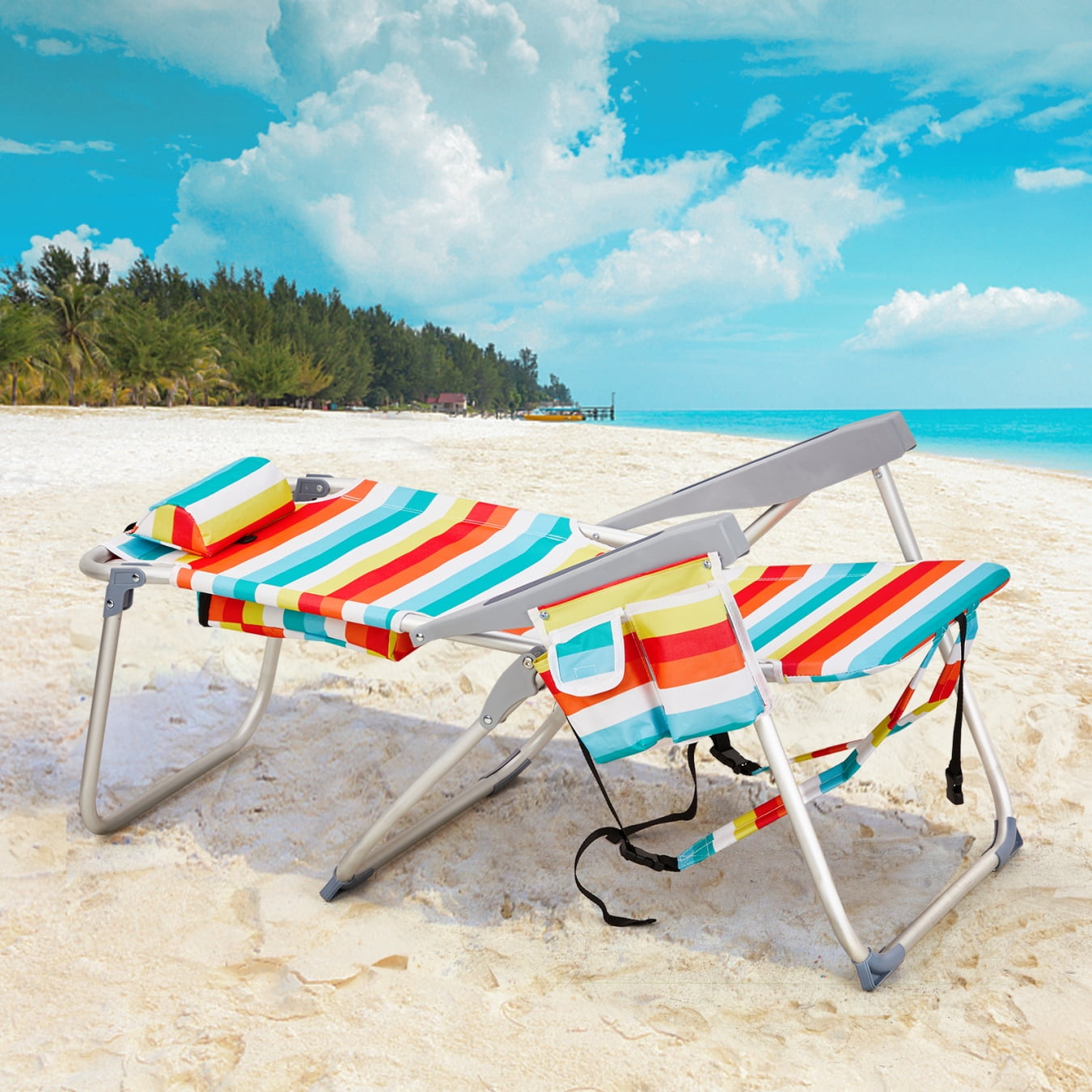 voqoomkl Aluminum Beach Chair with 5-Position Adjustable Backrest and Storage Pouch (Rainbow Stripes, 220 lb Capacity) 7f355