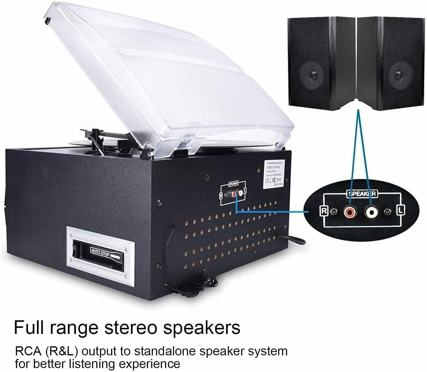 EYESEN Vintage Record Player with Bluetooth, CD Player, Cassette Deck, and AM/FM Radio (Stereo Speakers, Remote Control) bshug