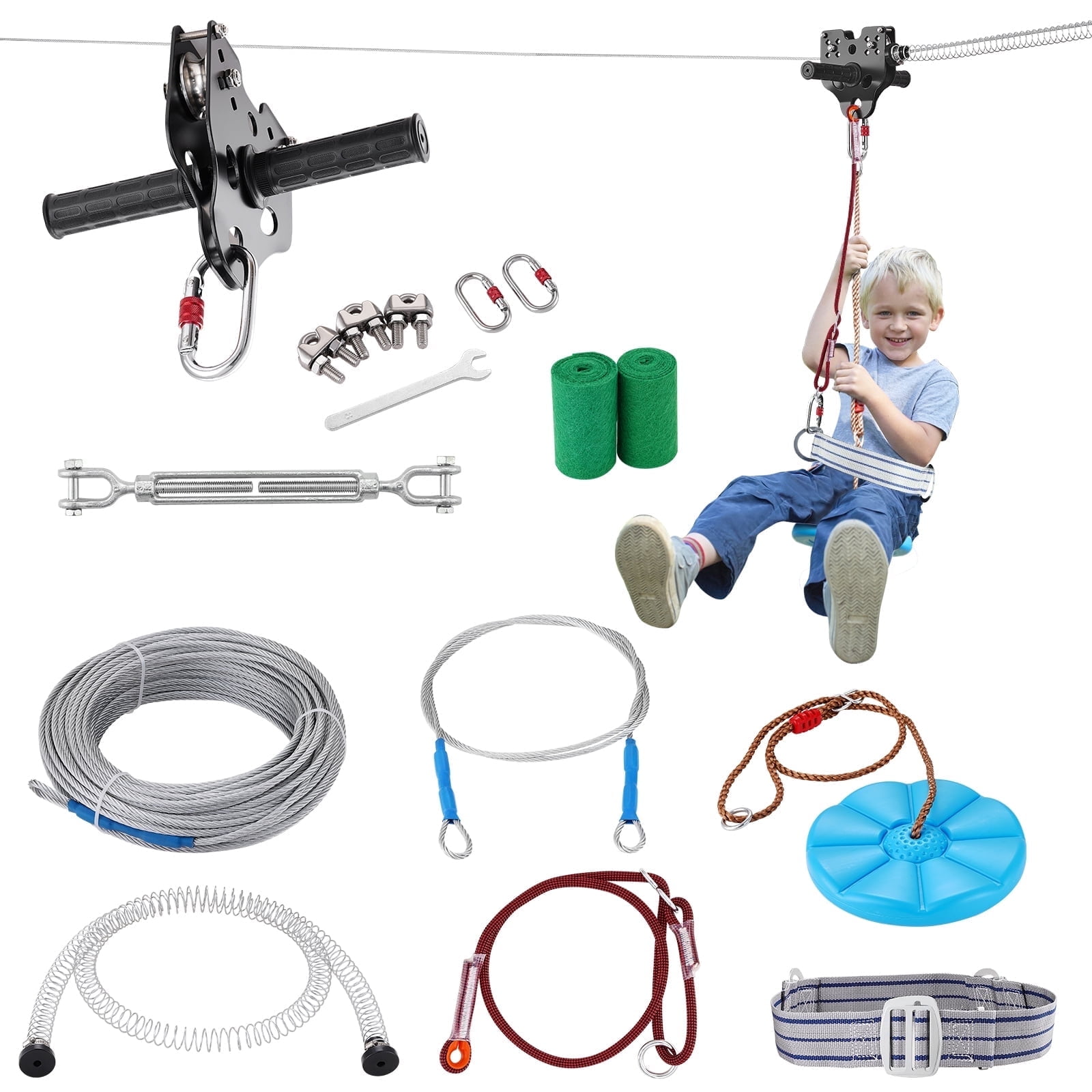 VEVOR Zipline Kit for Backyard Outdoor Play, Heavy-Duty Stainless Steel Cable with Spring Brake and Safety Harness (Blue, 160 ft) t0r89