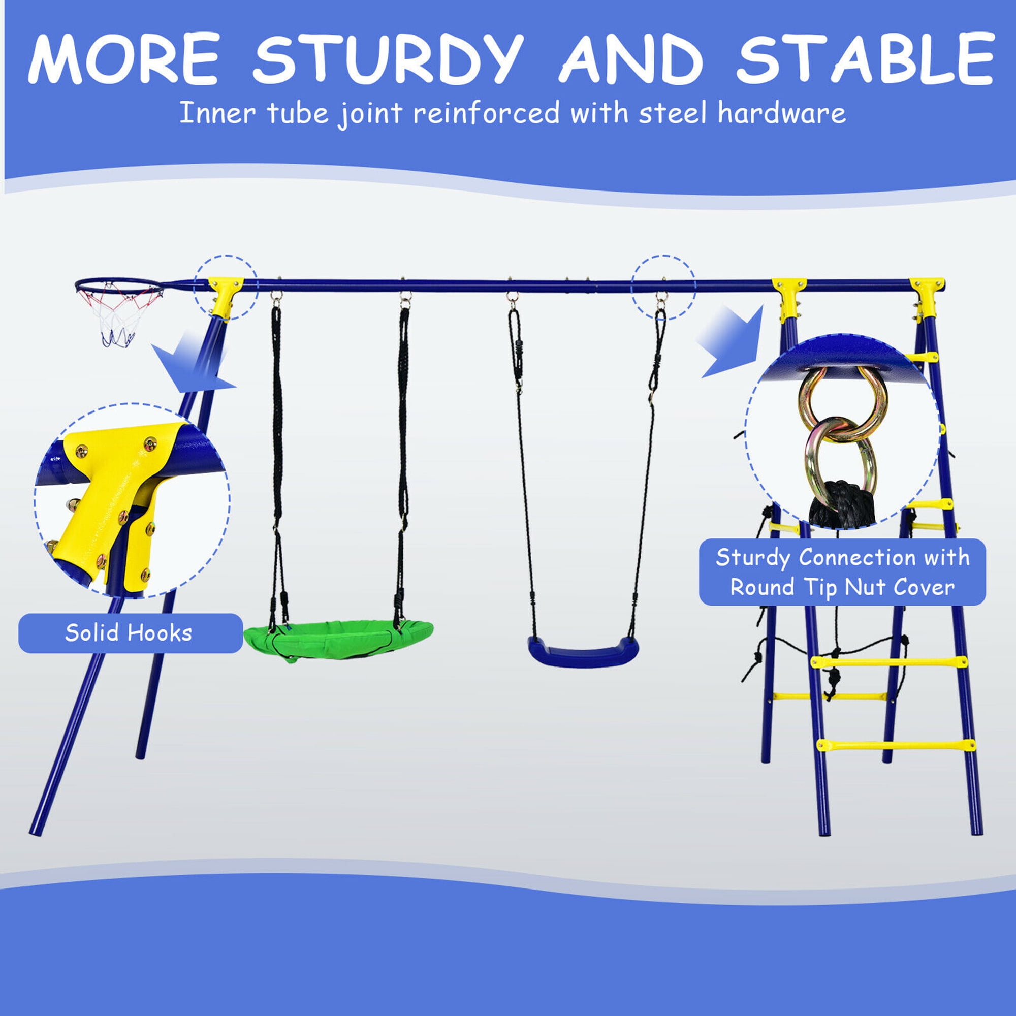 Gymax 5-in-1 Kids Outdoor Swing Set with Basketball Hoop and Climbing Ladder (Blue) y2tza