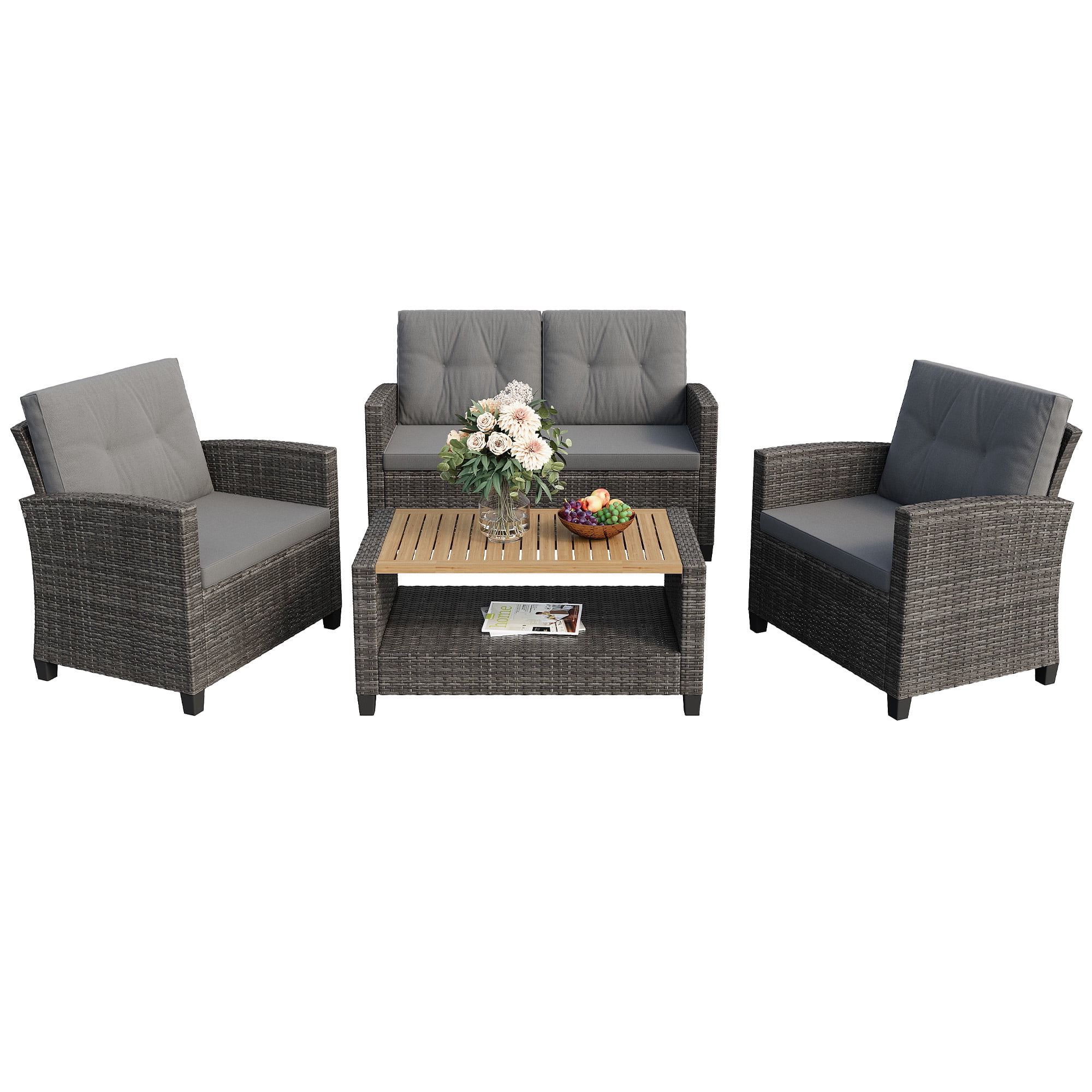 Heynemo 4-Piece Outdoor Patio Furniture Set, Rattan Conversation Set with Acacia Wood Coffee Table and Cushions (Gray, 4-Piece) bzx19