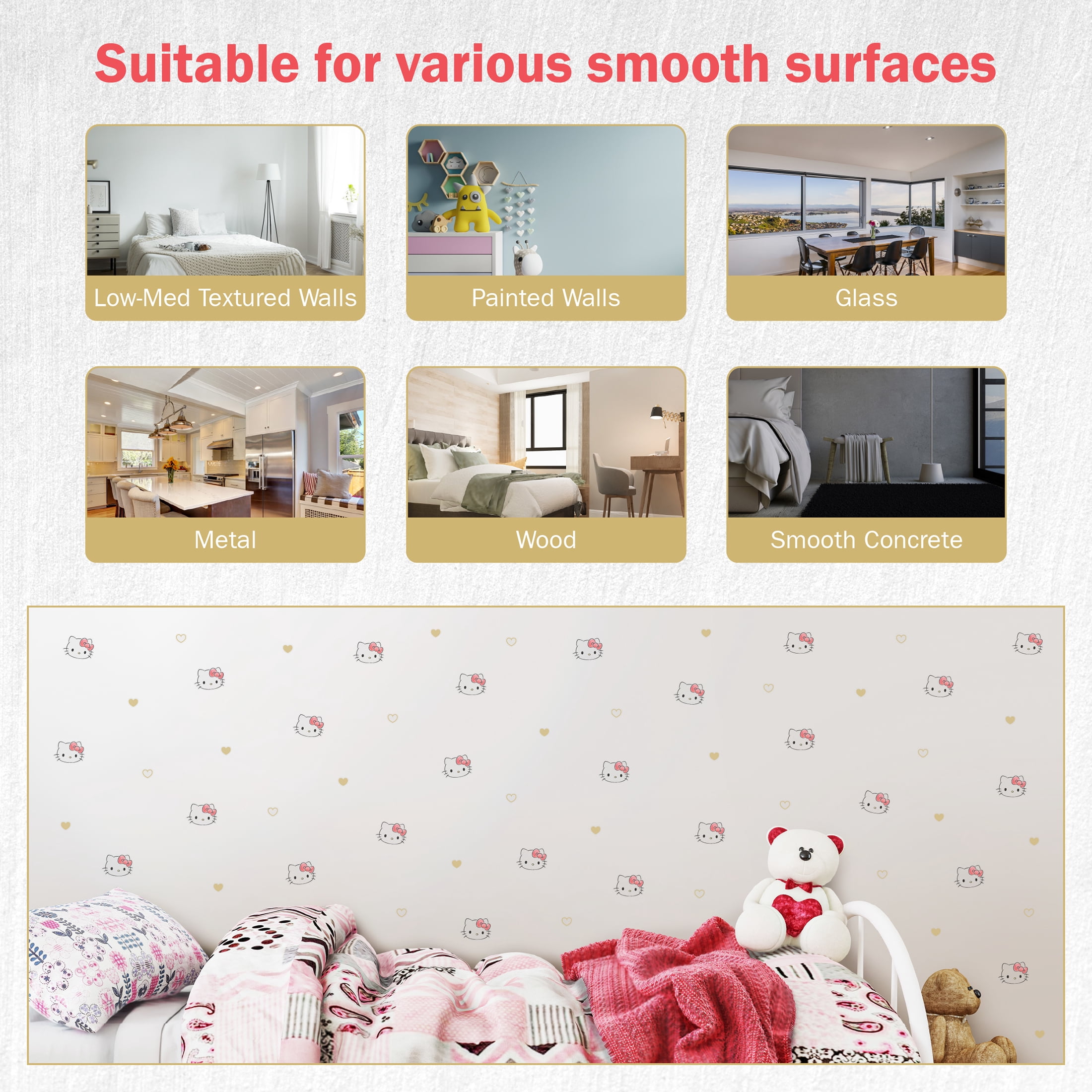 Wall Palz Hello Kitty Vinyl Wall Decals Peel and Stick Room Decor (Pink, 94 Count) lzjqu