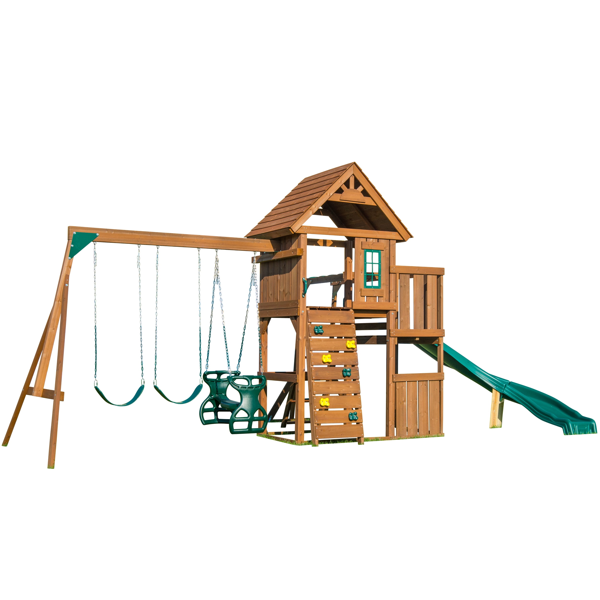 Swing-N-Slide Cedar Brook Wooden Backyard Play Set with Monkey Bars, Swings, and Curved Slide (Brown) s07xk