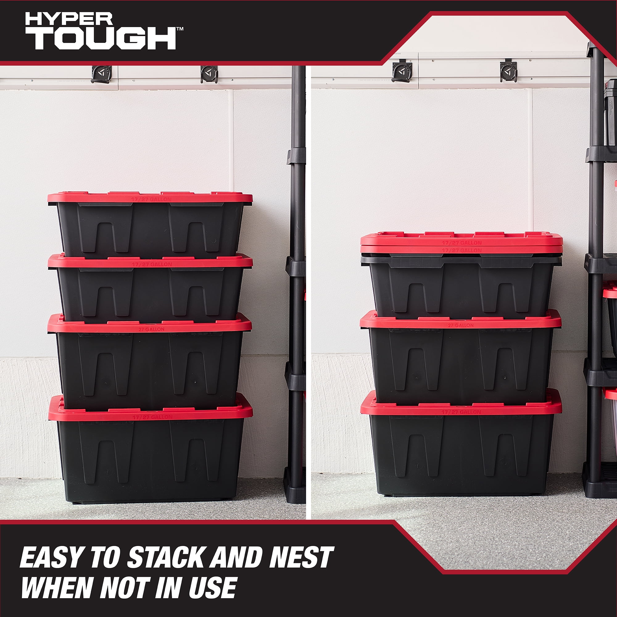 Hyper Tough 17 Gallon Heavy Duty Plastic Storage Bin with Snap Lid (Black and Red, 17 Gallon) osn3w