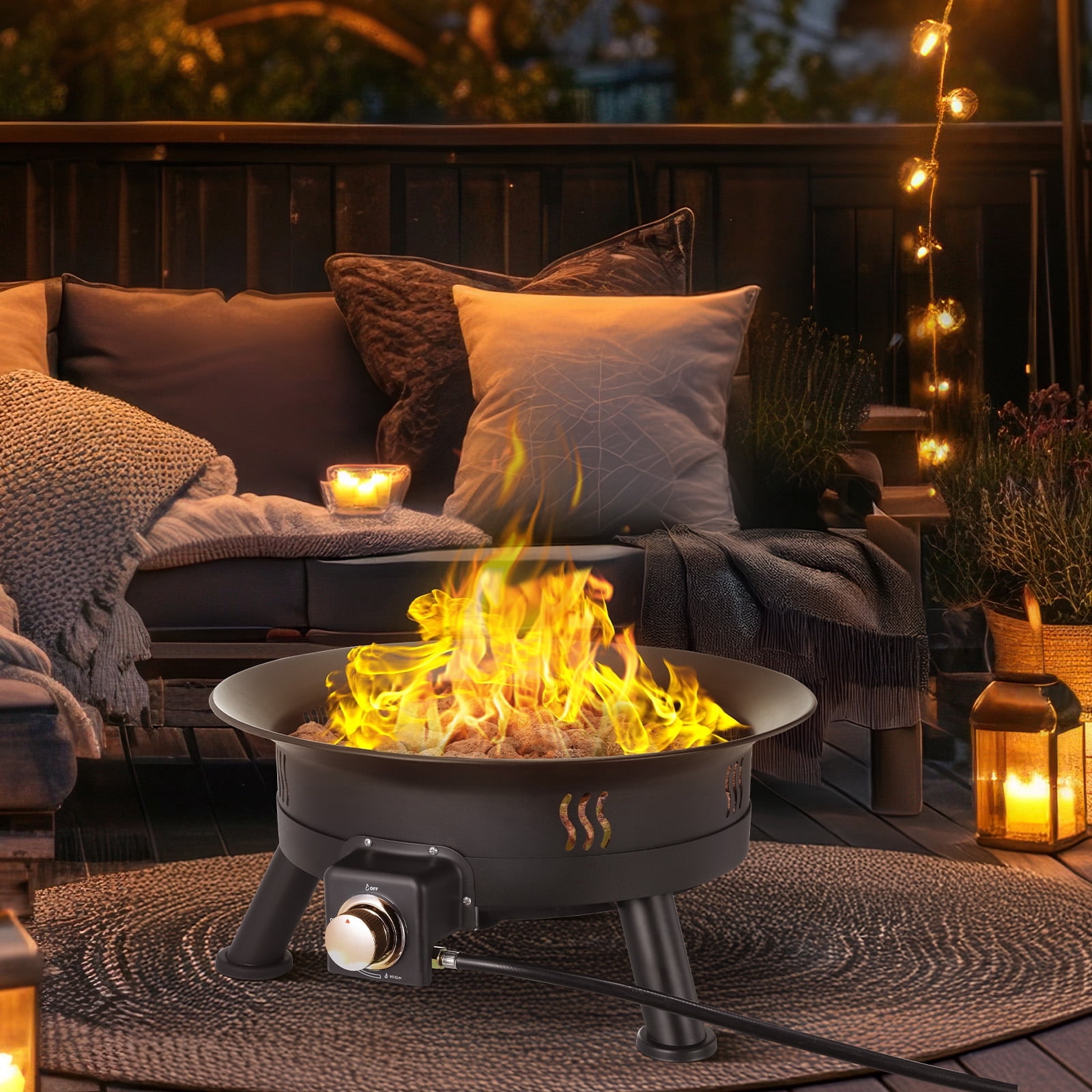 LAZY BUDDY Portable Propane Gas Fire Pit, Outdoor Smokeless Heating with Cover and Lava Rocks (24 in) wtqay