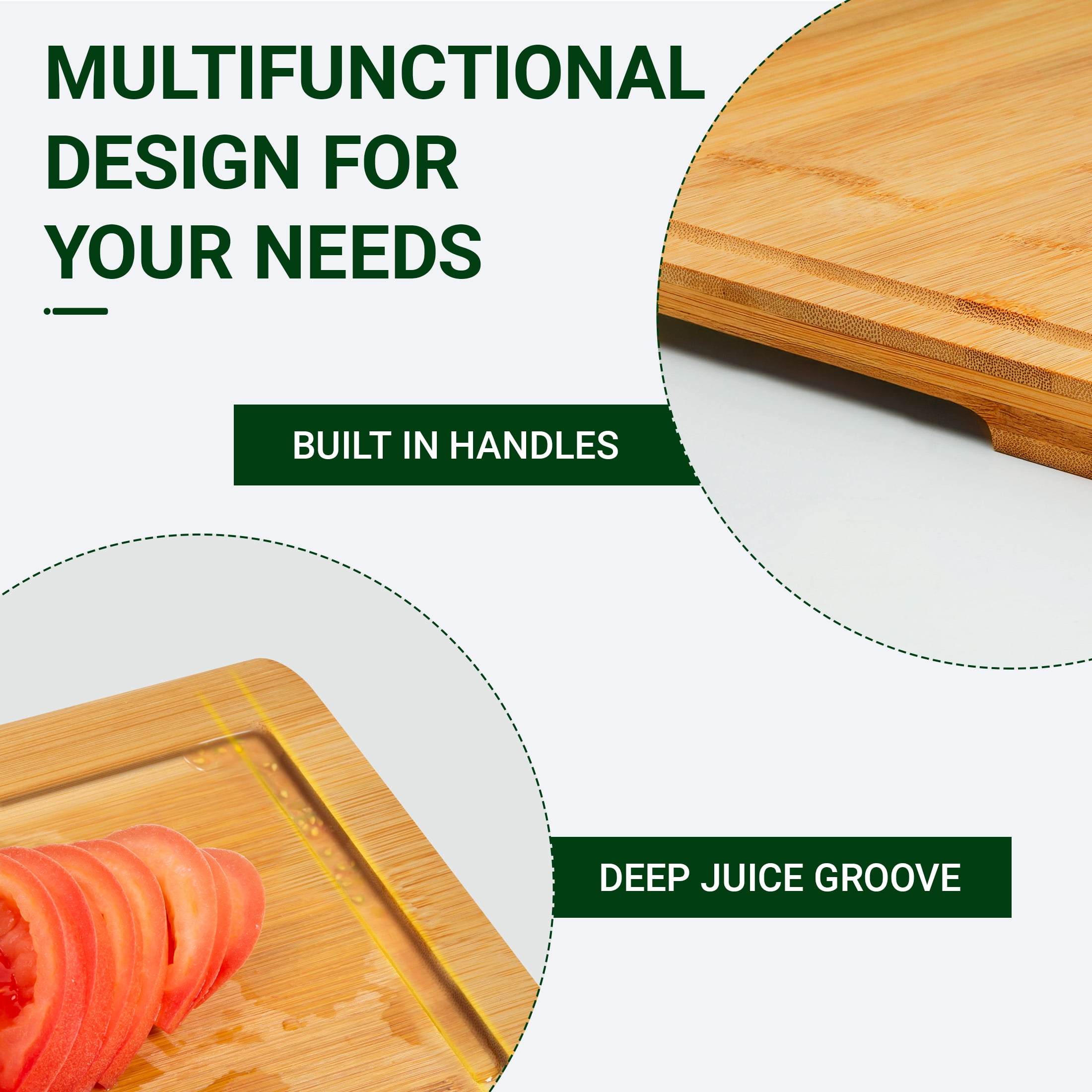 Kikcoin Bamboo Cutting Board for Kitchen, Reversible with Deep Juice Groove and Built-in Handle (17.1 in x 11.4 in) m0vsr
