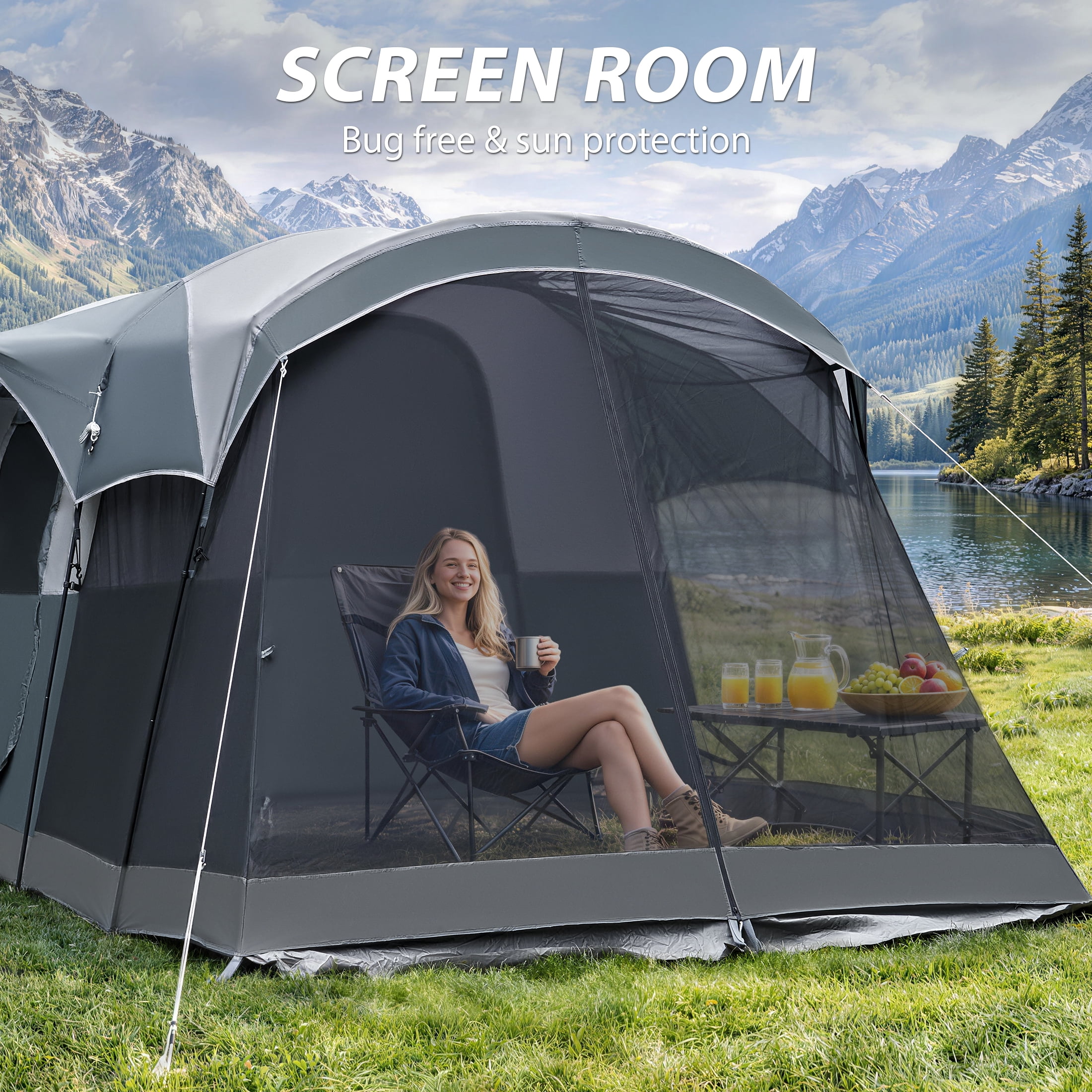 EVER ADVANCED 8 Person Family Camping Tent with Screen Porch and Rainfly (Gray, 20 ft x 8 ft x 6.3 ft) 654mm