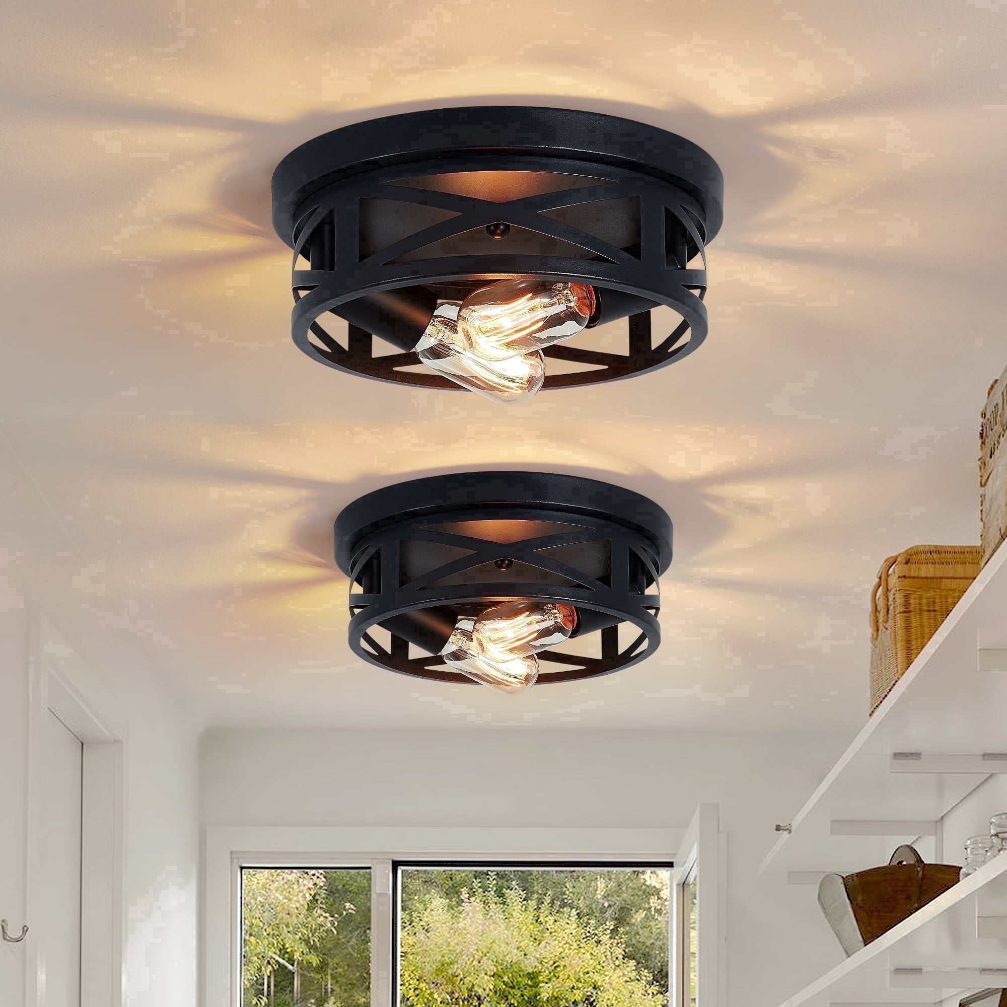GCGAFUL Farmhouse Flush Mount Ceiling Light, Vintage Round Metal Fixture for Kitchen and Bedroom (Matte Black, 10.8 in, 2 Pack) yyrij
