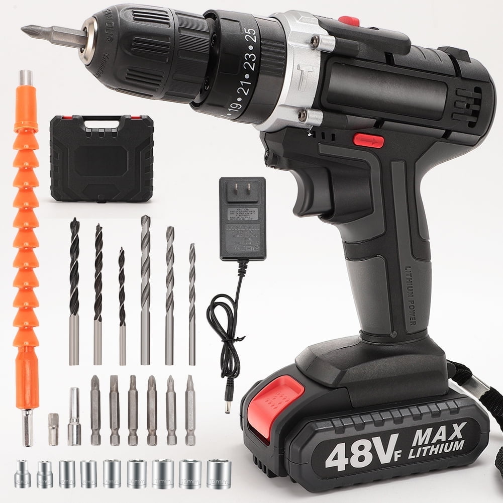 Ldyso 48V Cordless Power Drill Set with 2 Batteries, Variable Speed and LED Work Light (Black, 1 Set) vza90